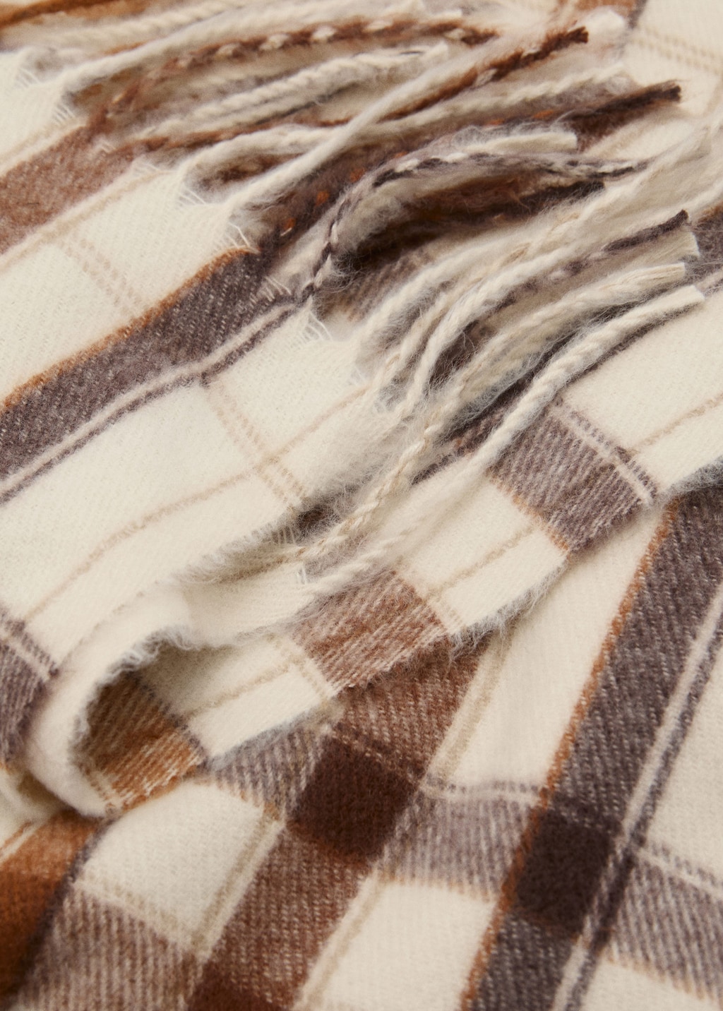Mango Check Scarf With Fringed Ends Ecru In Sand