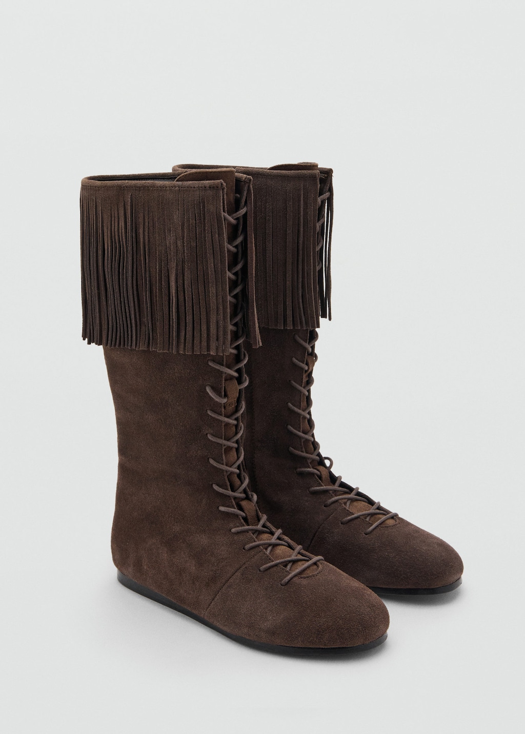 Mango Teen Fringed Leather Boots Chocolate In Brown