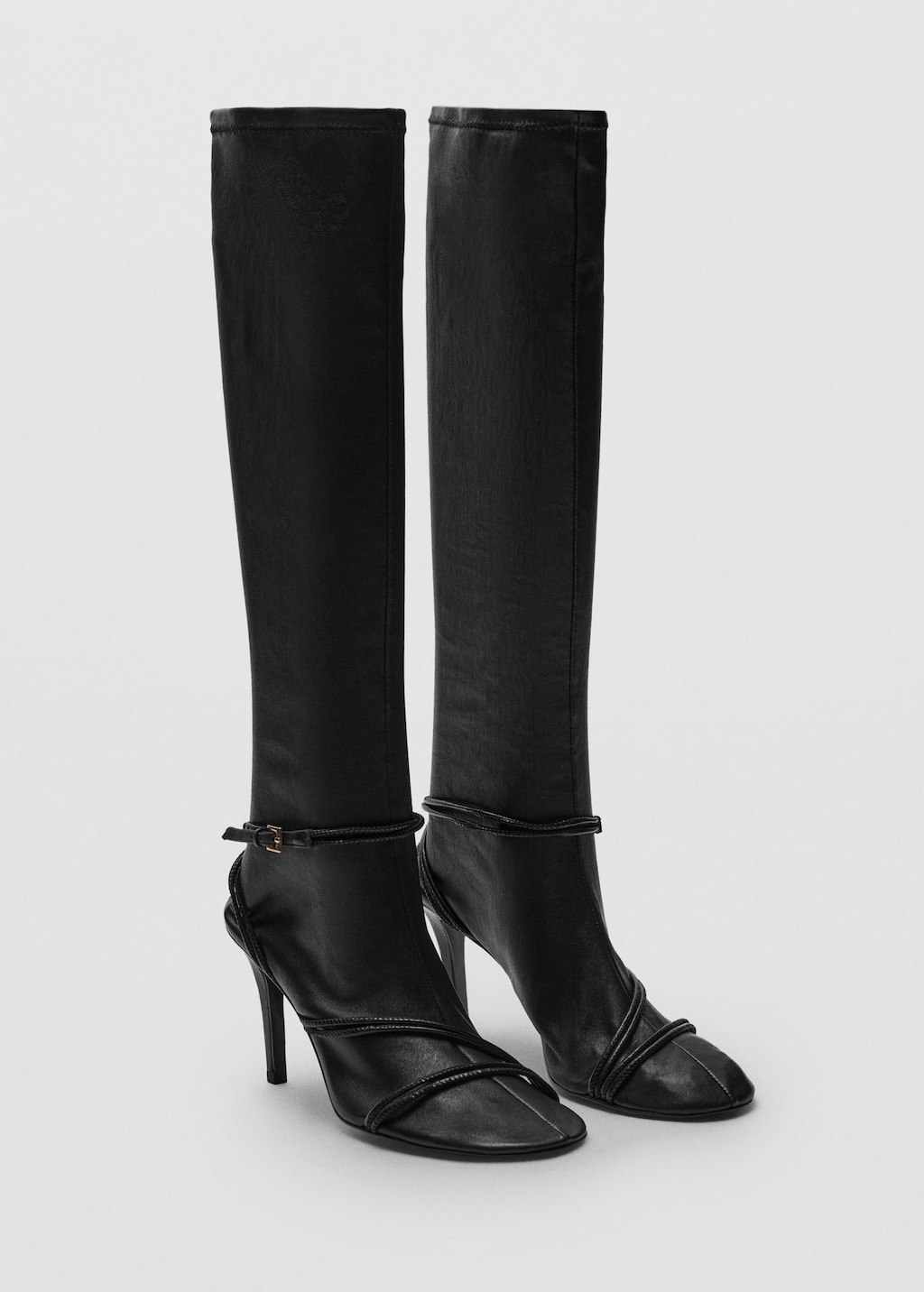 Mango 100% Leather High Boots With Straps Black