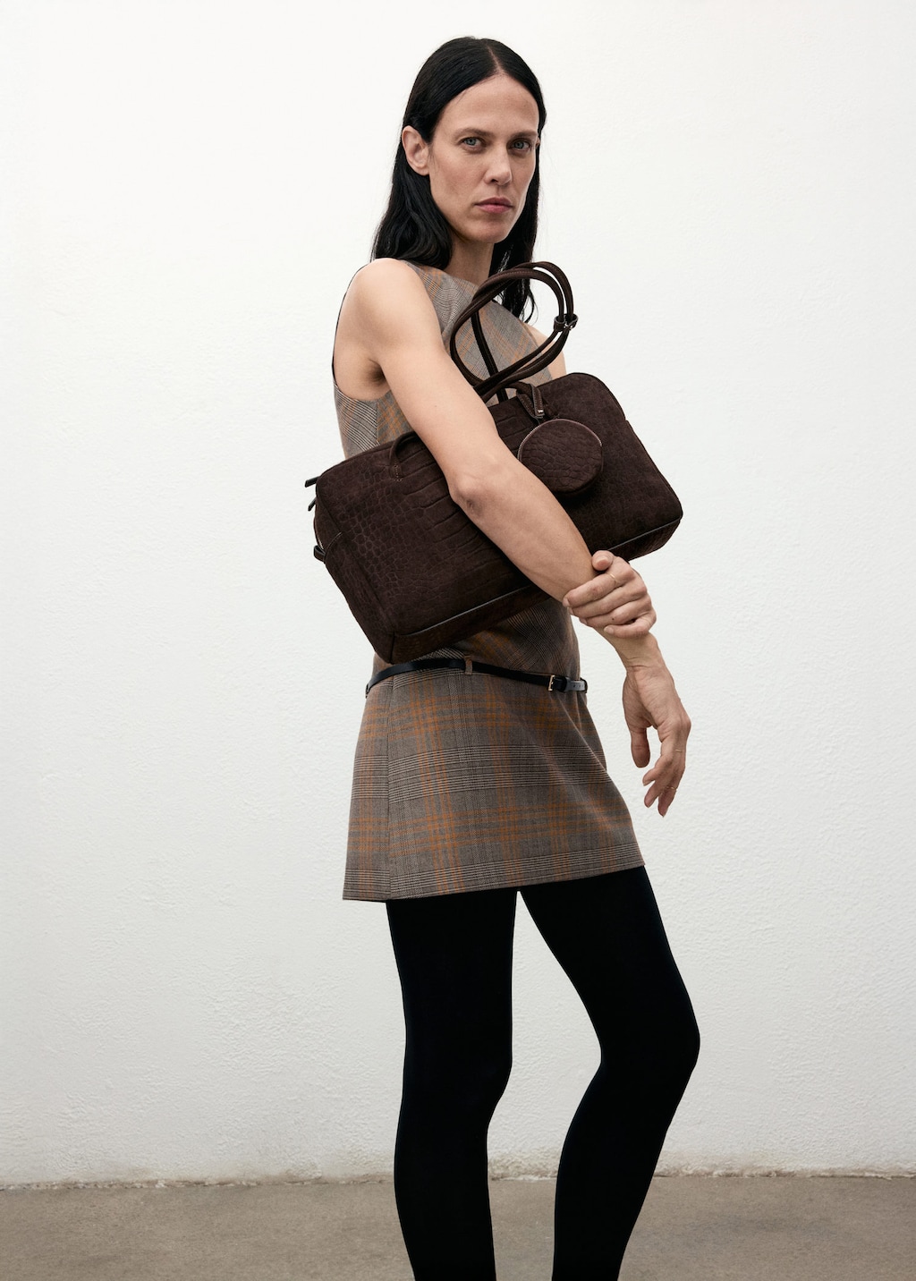 Mango Check Belt Dress Brown