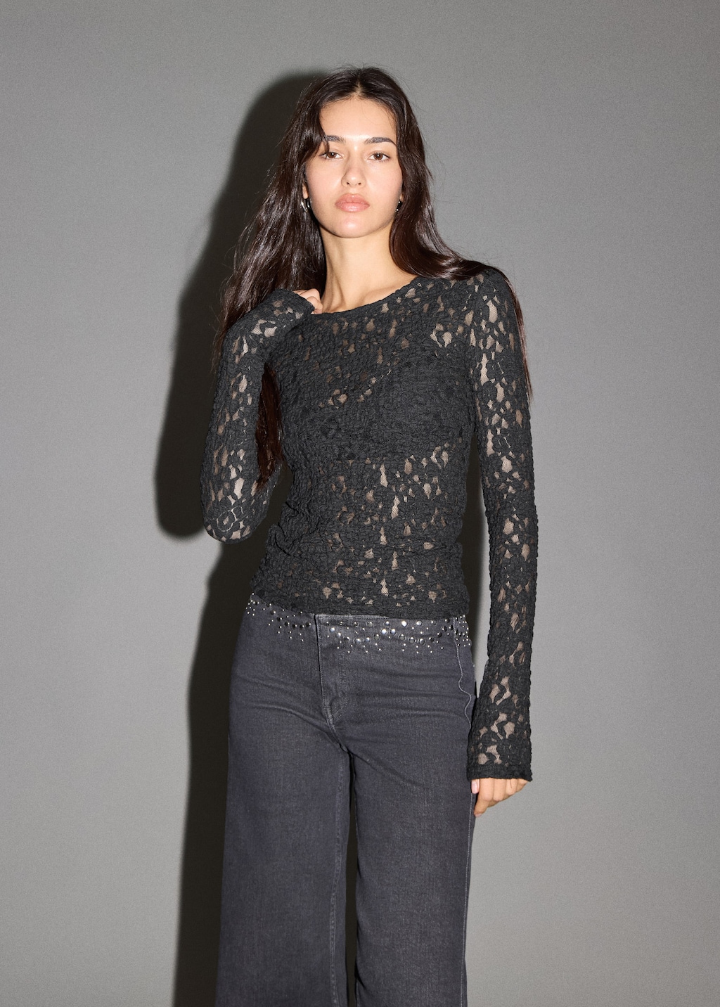 Mango Teen Long Sleeve Lace T-shirt Black