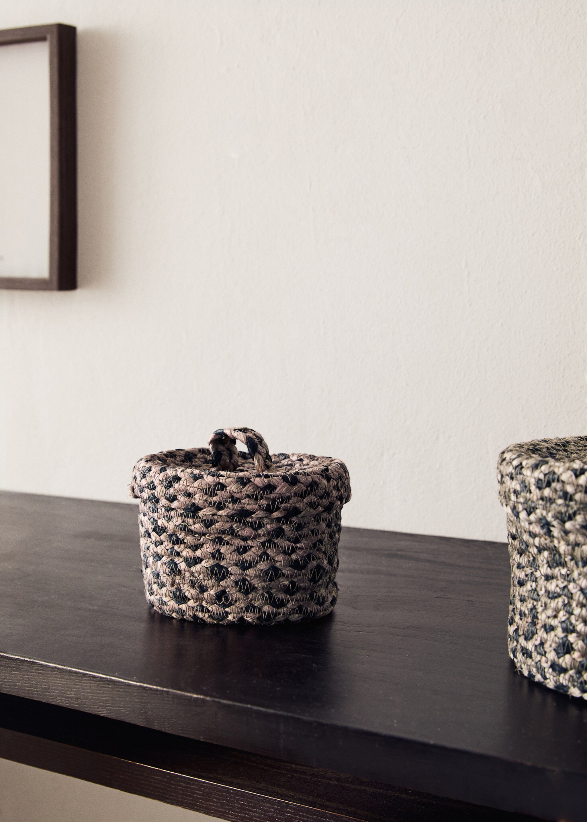 Small melange jute basket with small lid - General plane, Light/Pastel Brown. Ref: 17001541-00.
