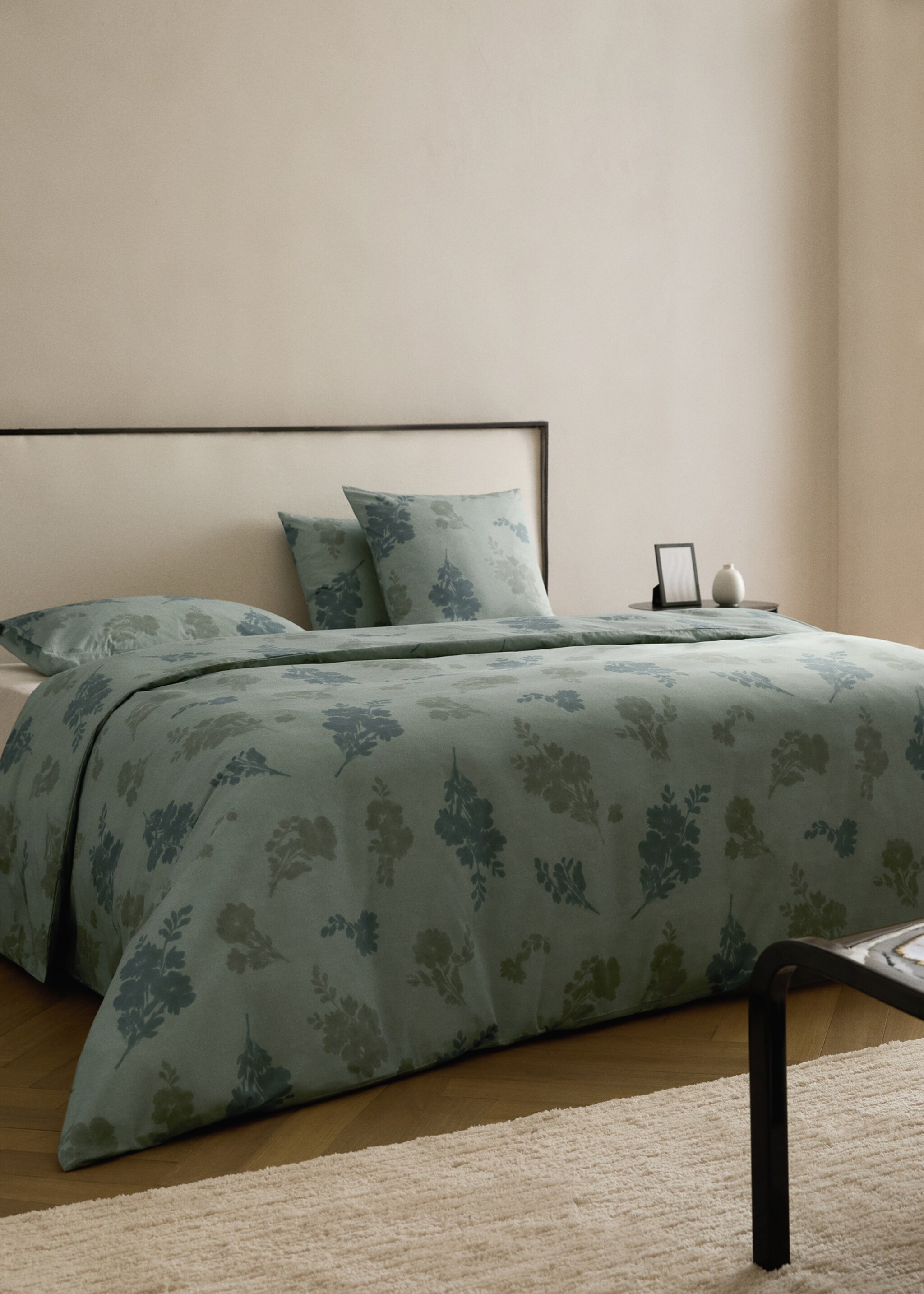 200-thread count percale cotton duvet cover with blurred floral print for 150/160 cm bed - General plane, Aqua Green. Ref: 17001628-00.