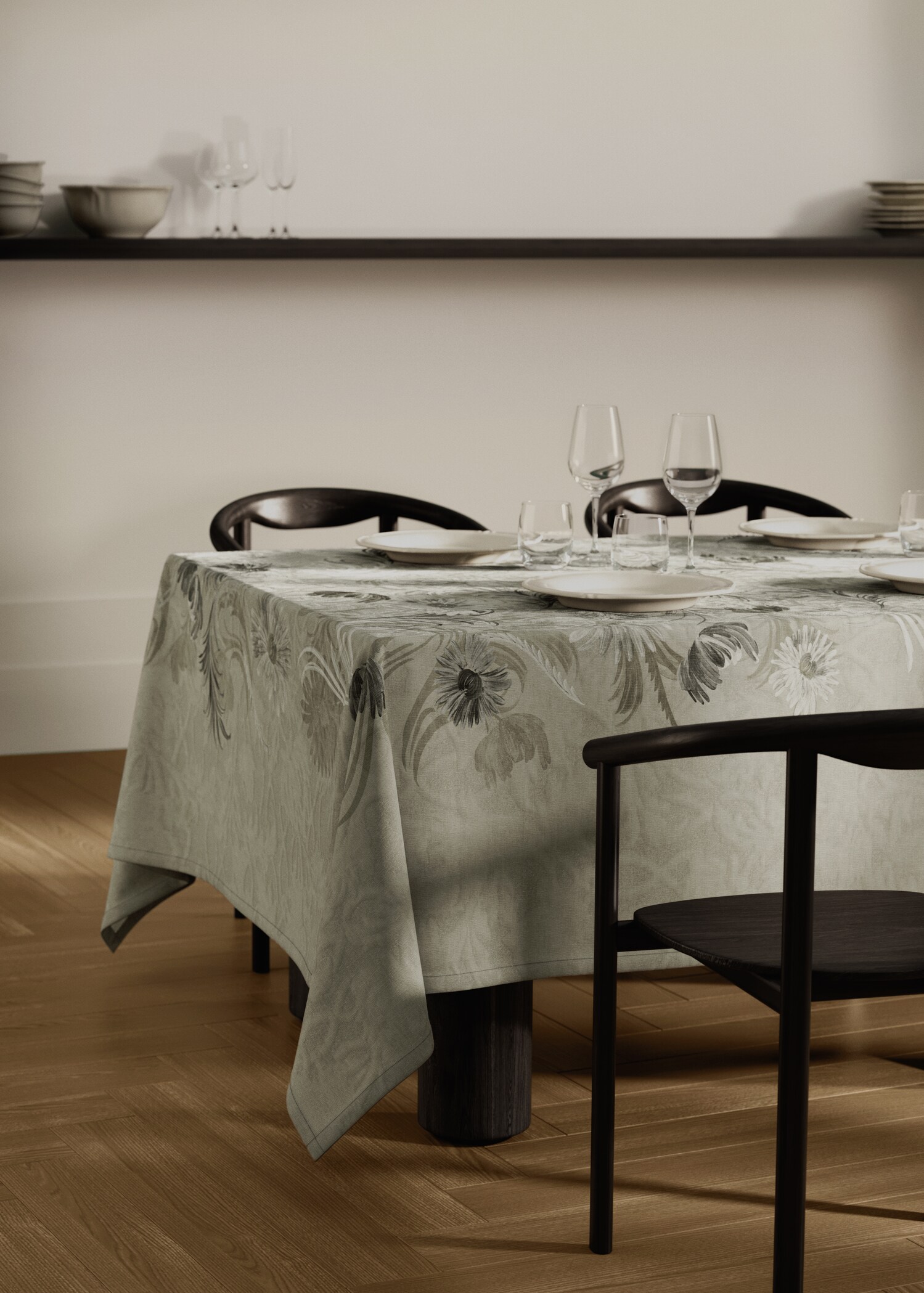Jacquard cotton floral-print tablecloth for 2 to 4 diners - General plane