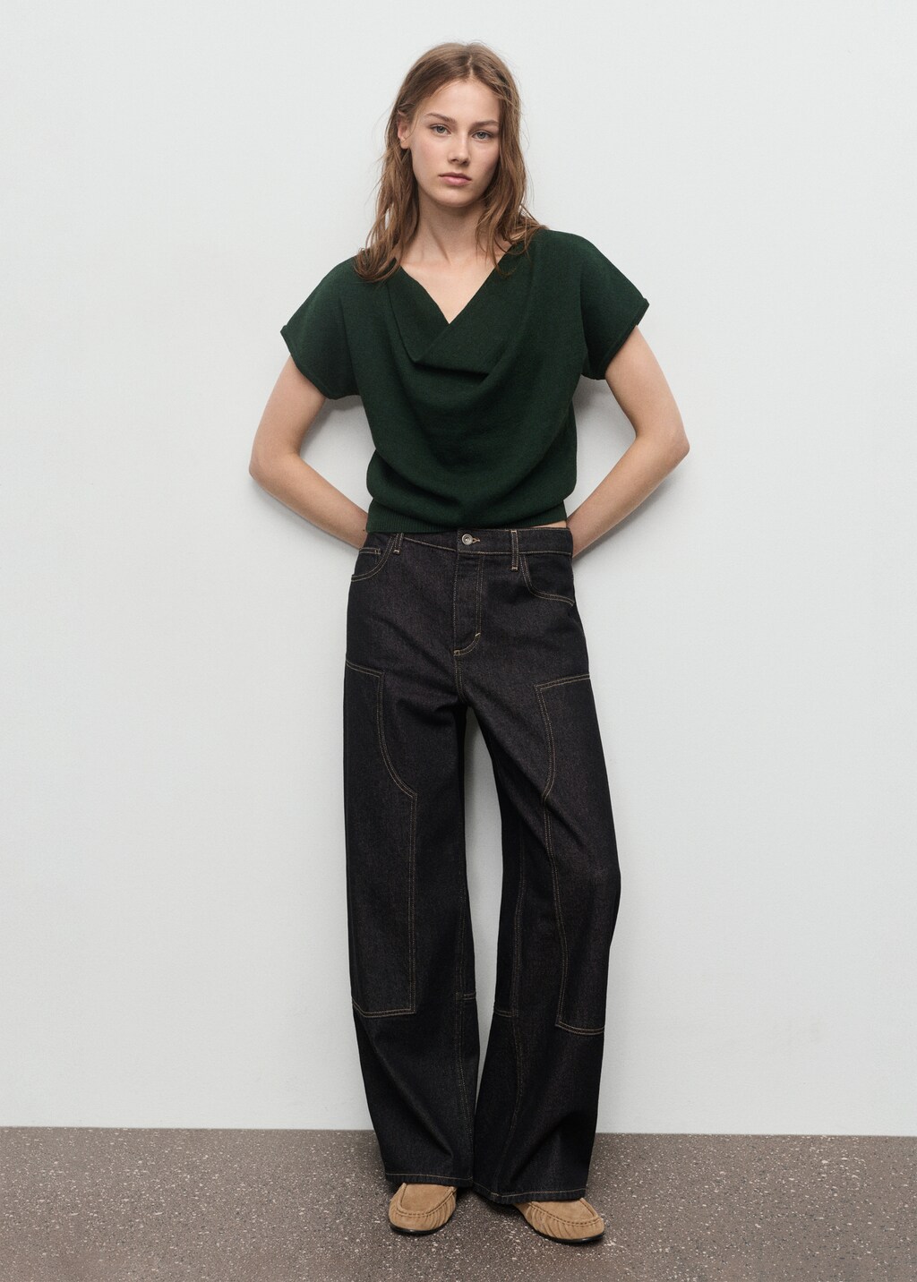 Short-sleeved top with draped neckline