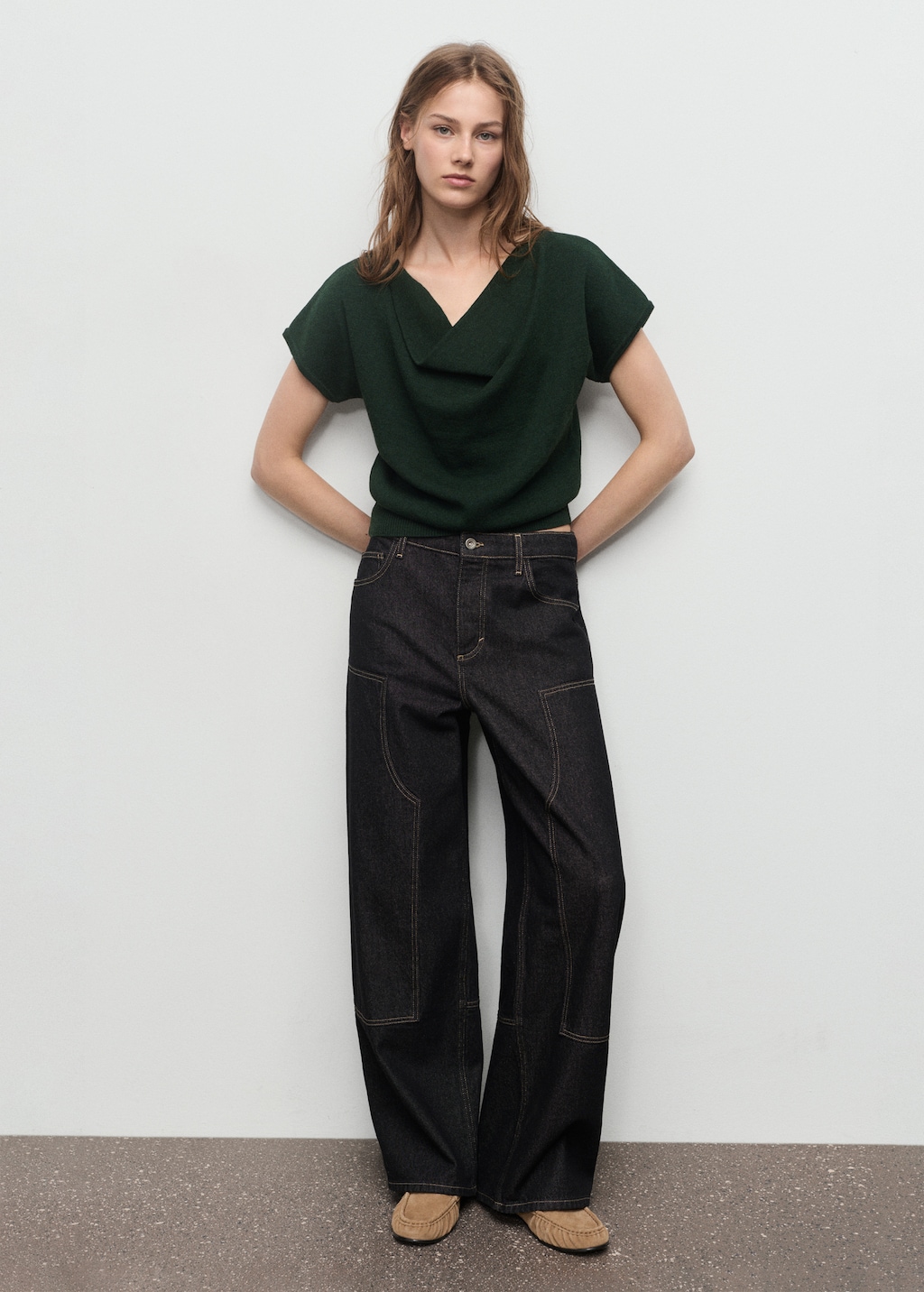 Short-sleeved top with draped neckline