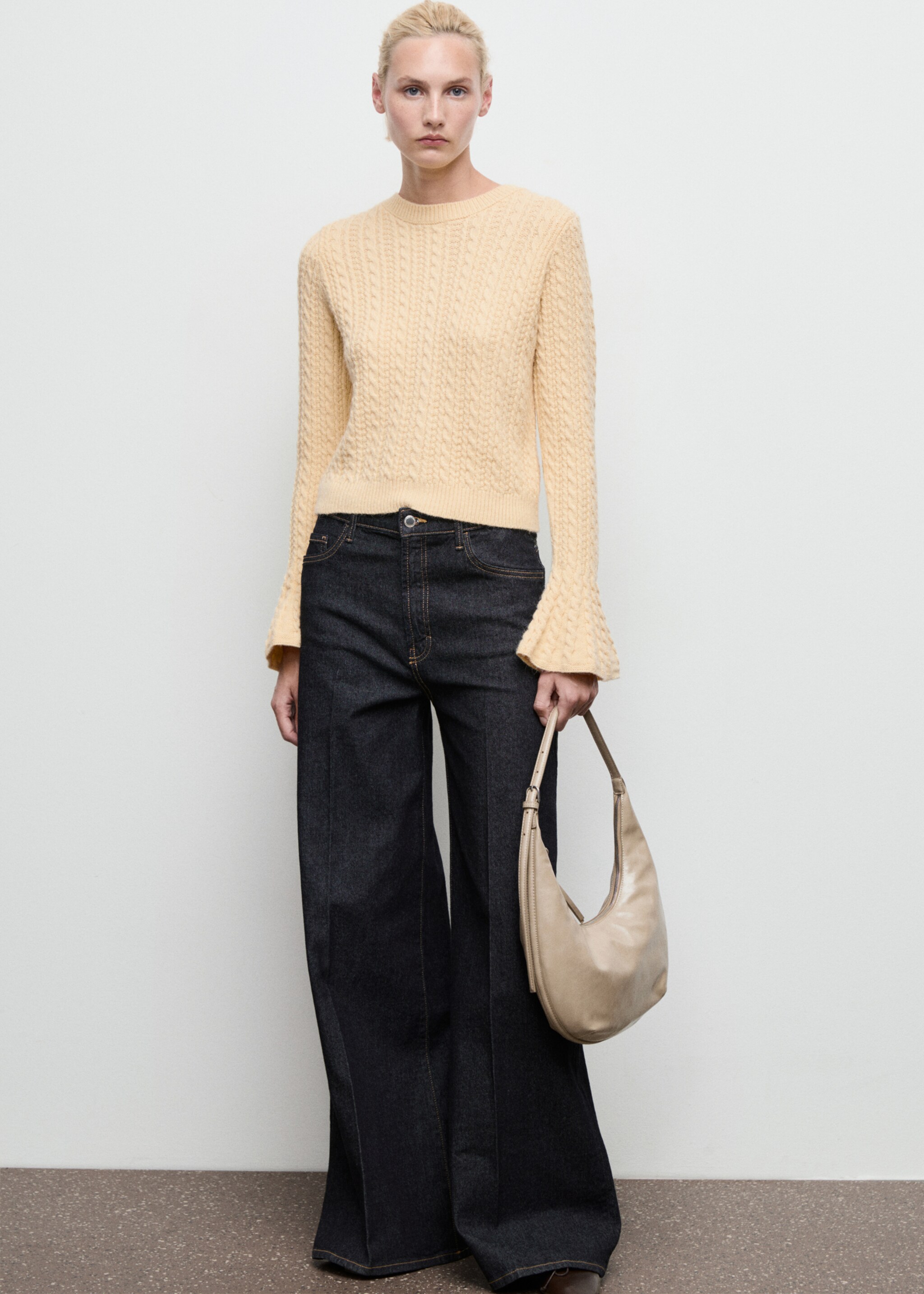 Cable-knit sweater with flared sleeves - General plane, Pastel Yellow. Ref: 17005843-00.