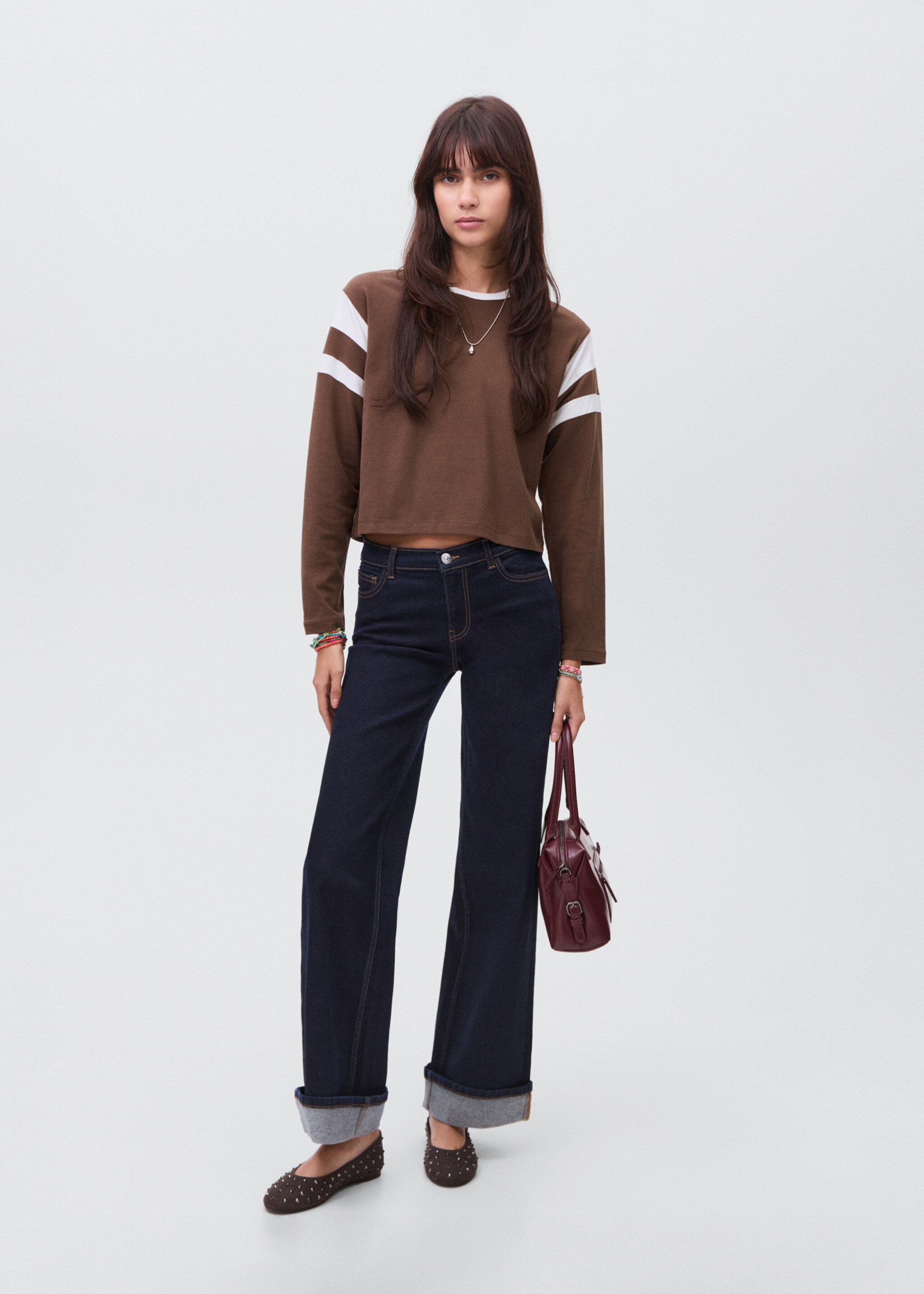 Contrasting collar cotton t-shirt - General plane, Brown. Ref: 17006357-00.