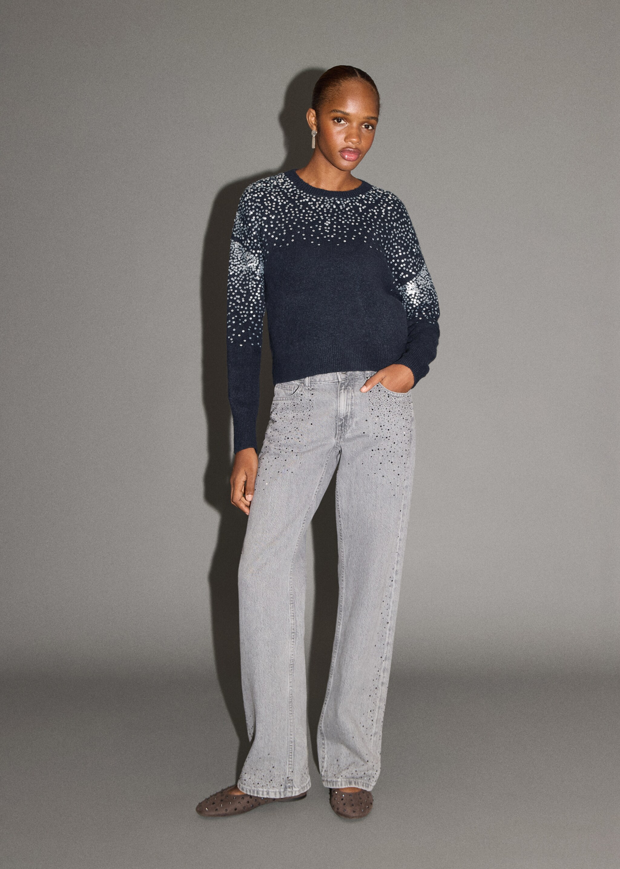 Pull-over maille sequins - Plan général, Bleu marine. Ref: 17007835-00.