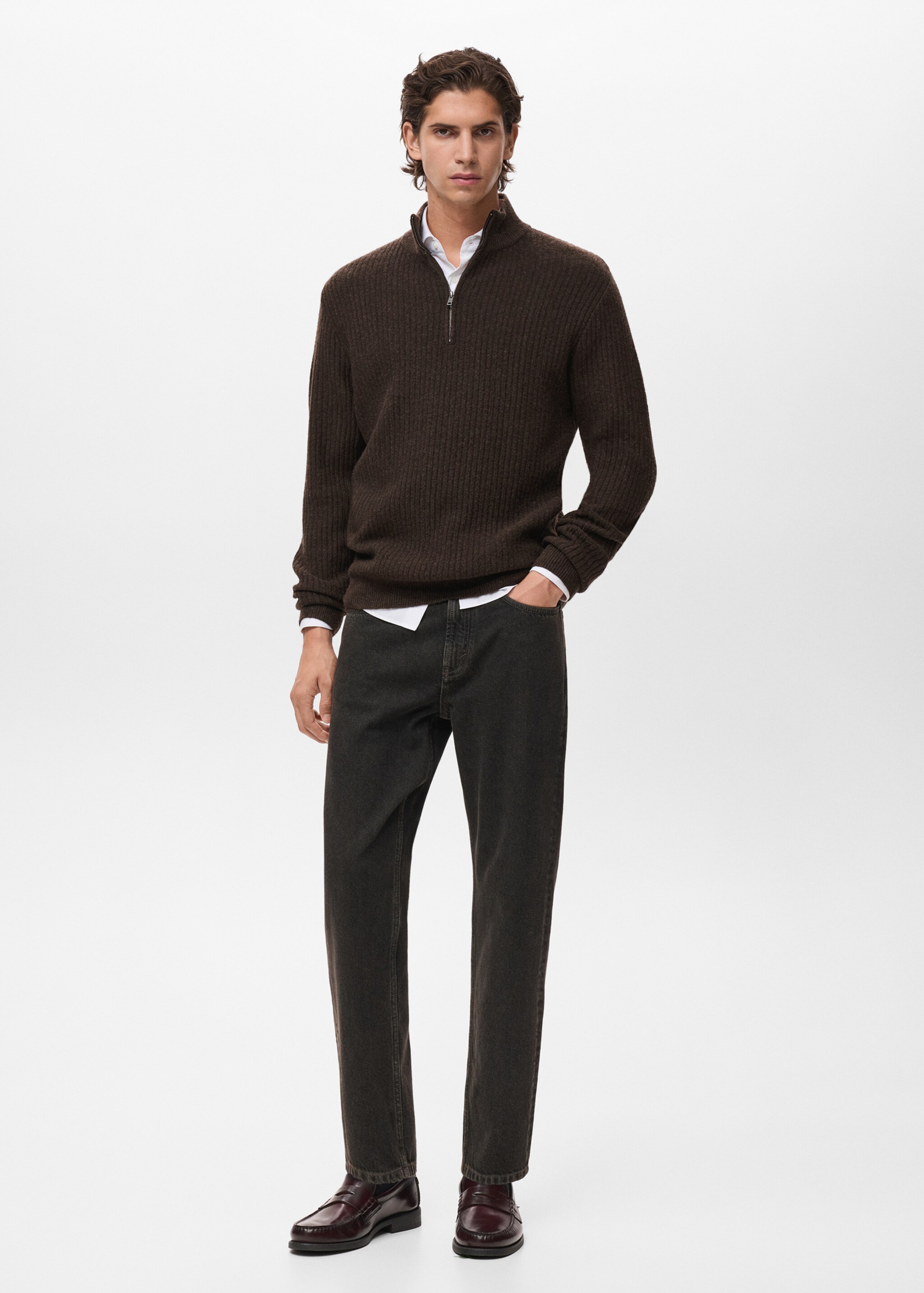 Ribbed sweater with zip neck - General plane, Brown. Ref: 17007899-00.