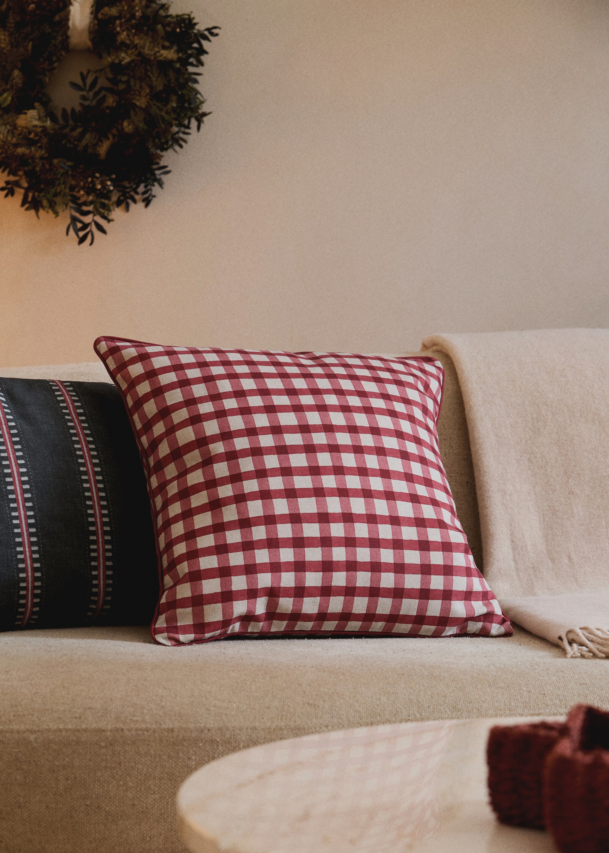 Gingham cotton cushion cover with trim 45x45cm - General plane, Red. Ref: 17007914-00.