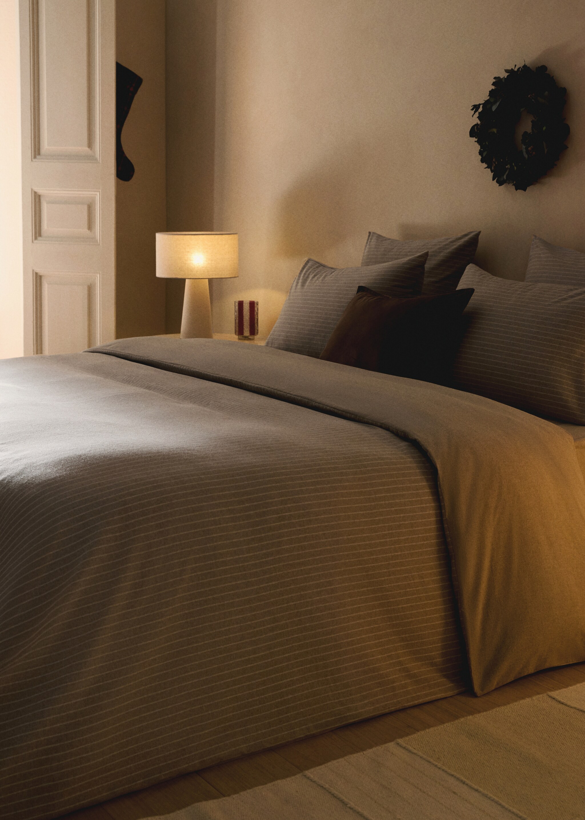Melange cotton flannel duvet cover with fine-striped yarn for 150/160cm bed - General plane, Beige. Ref: 17008285-00.