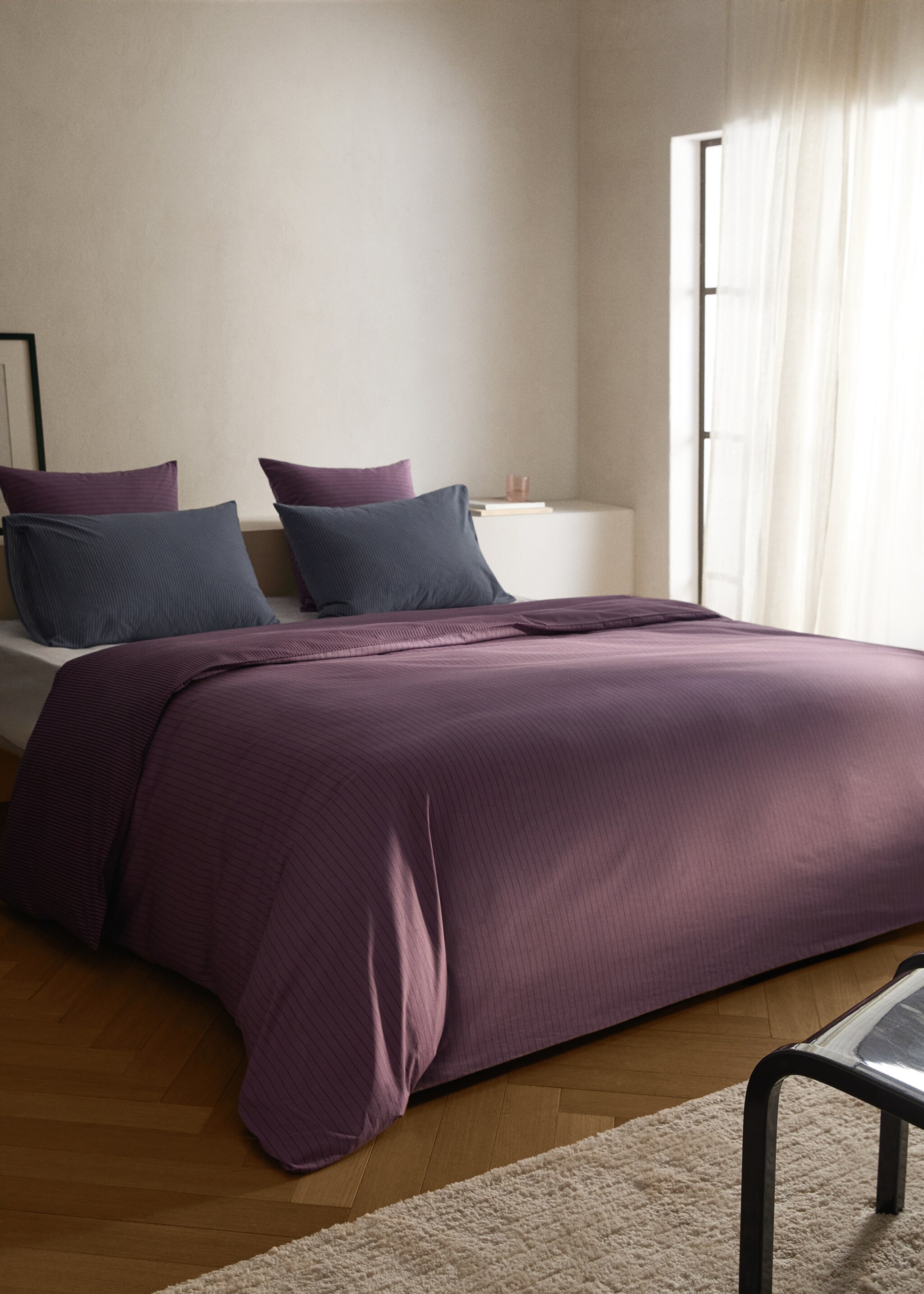 Reversible percale cotton striped duvet cover for 90 cm bed - General plane, Plum. Ref: 17013822-00.