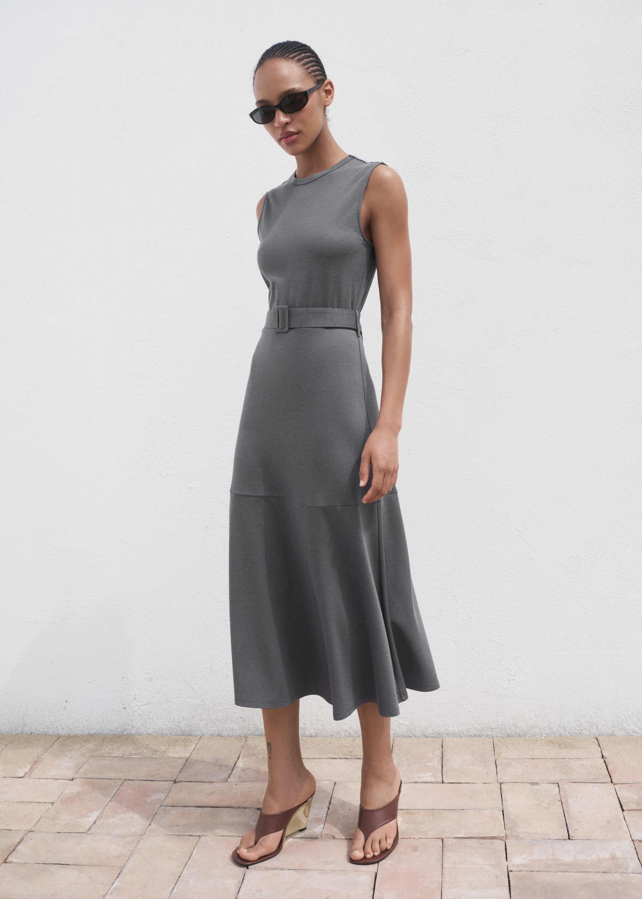 Belt midi dress - General plane, Medium Heather Grey. Ref: 17014079-00.