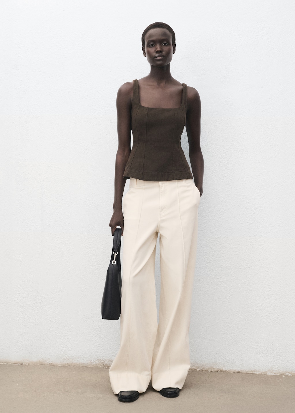 Wide leg denim pants with stitching