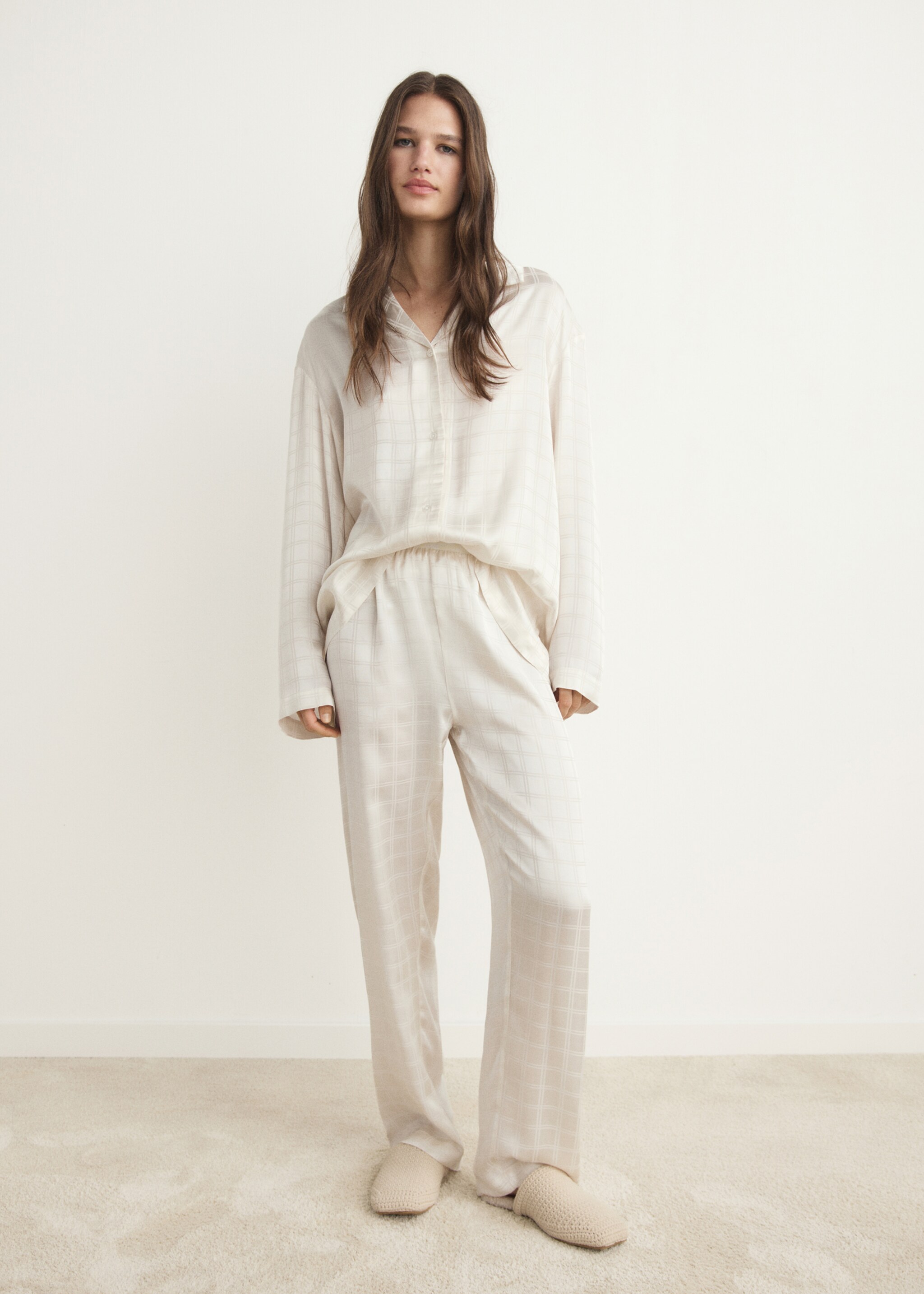 Rayon check pyjama trousers - General plane, Ivory White. Ref: 17014111-00.