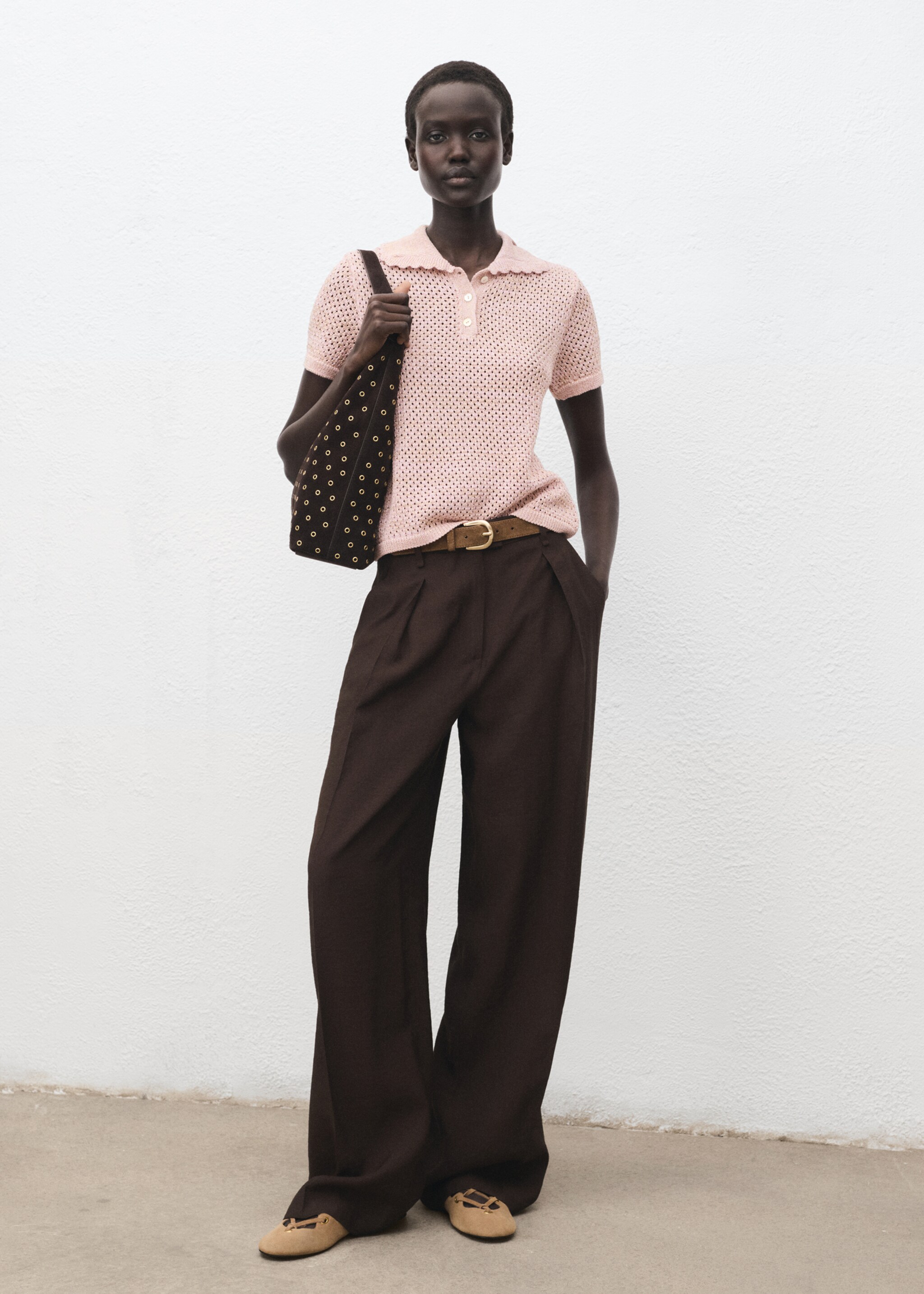 Short-sleeved crochet sweater - General plane, Pastel Pink. Ref: 17014141-00.