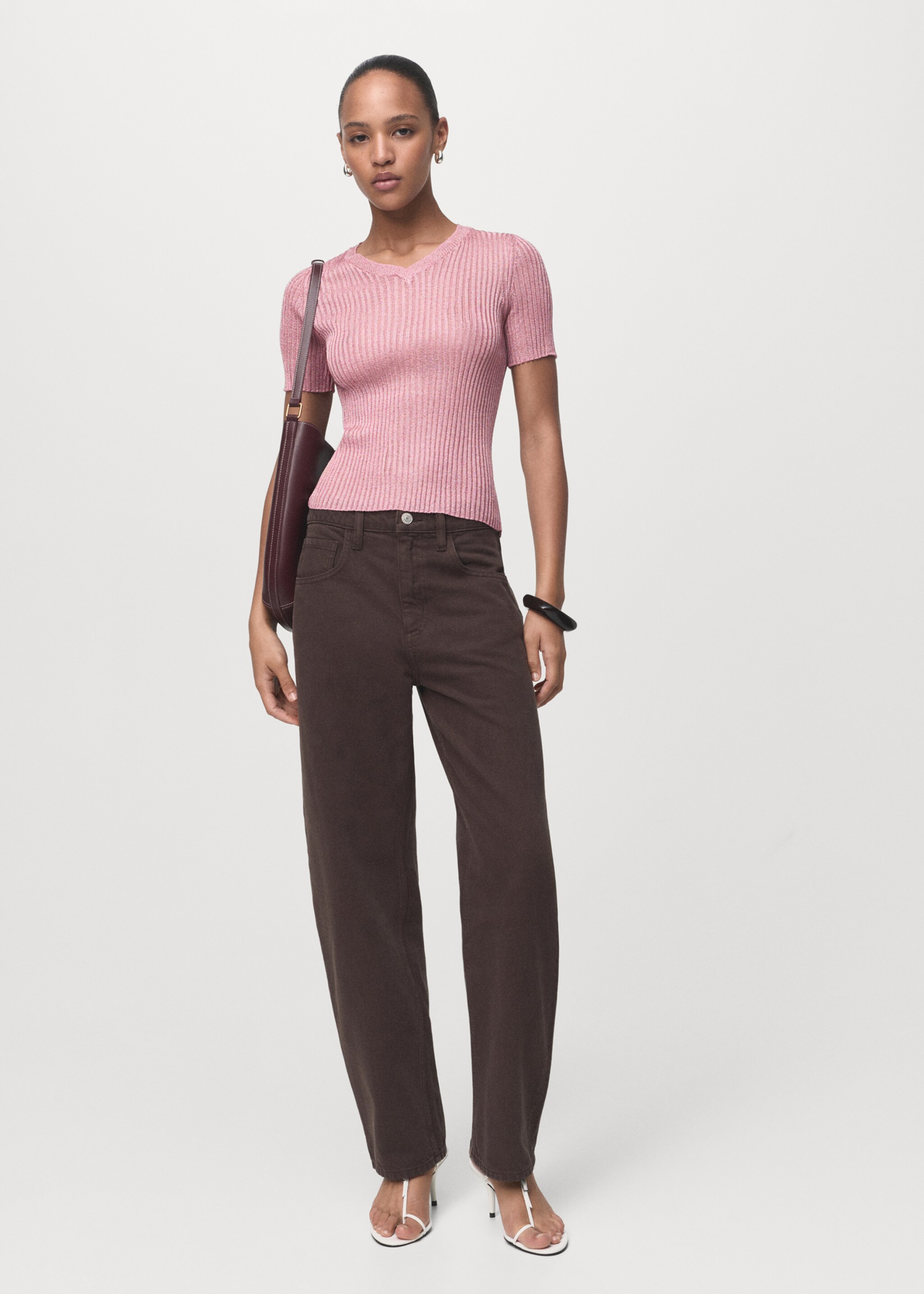 Short-sleeved lurex sweater - General plane, Pastel Pink. Ref: 17014146-00.