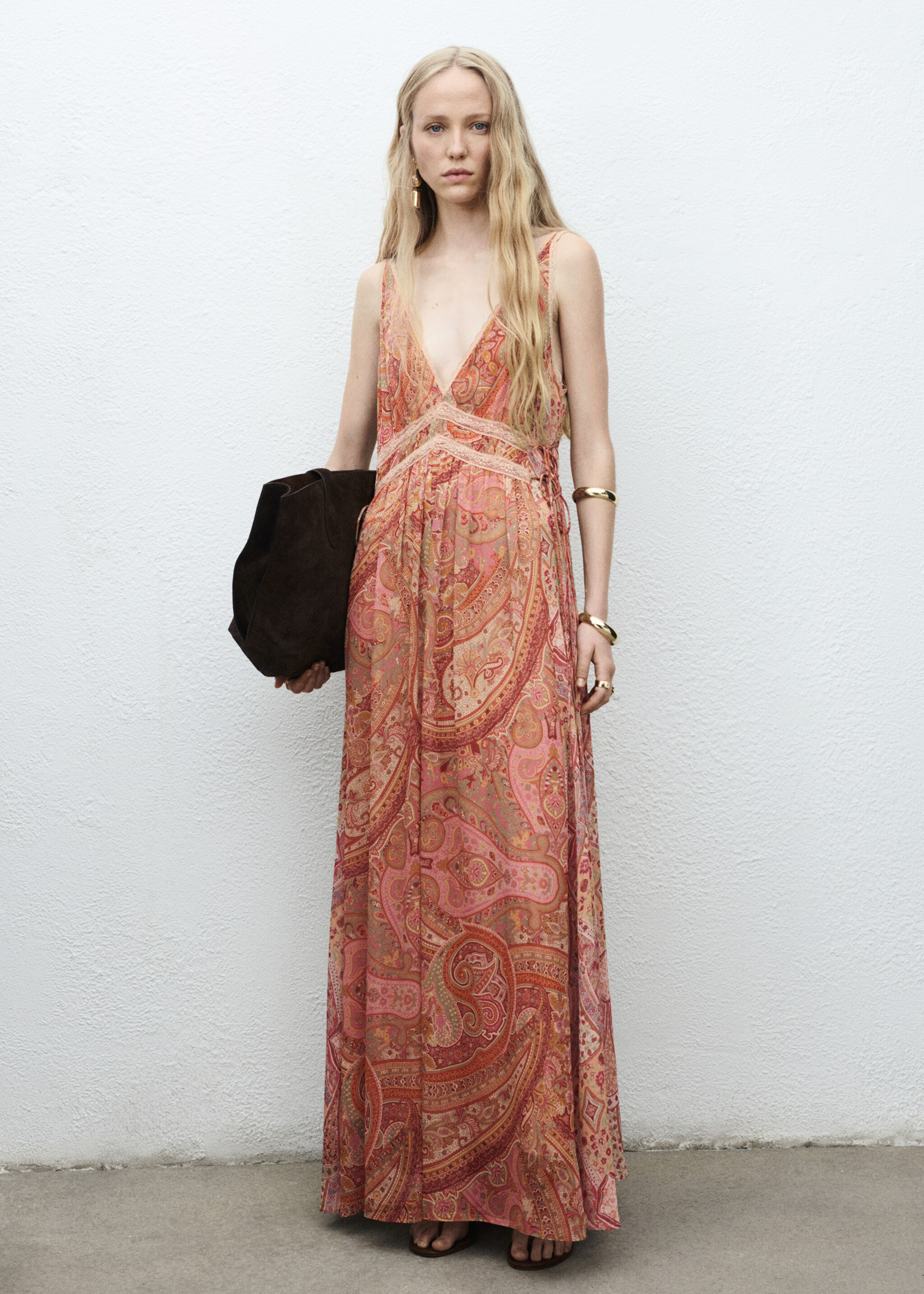 Paisley-print dress with lace trim - General plane, Brown. Ref: 17014449-00.