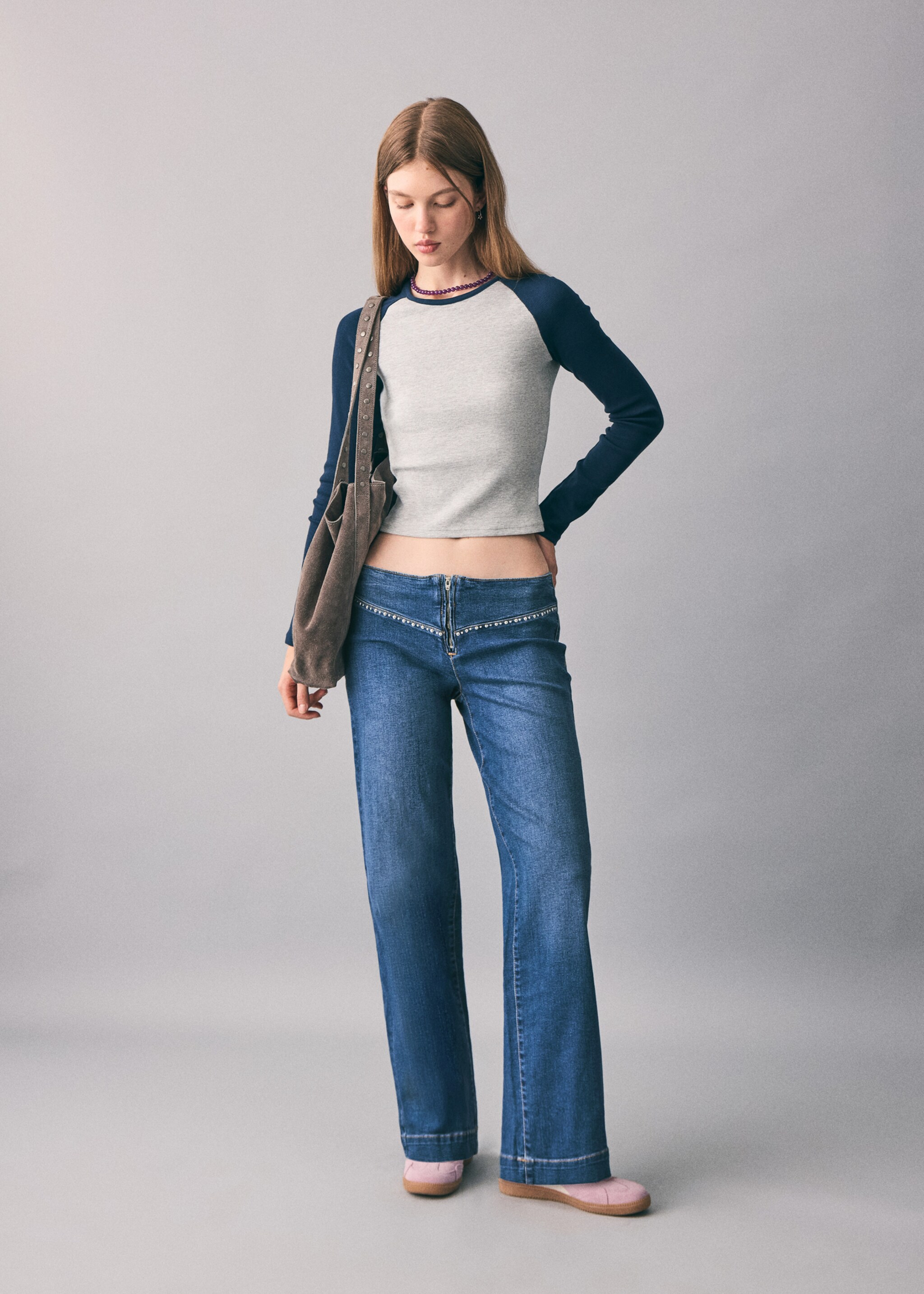 Wide leg jeans with studs - General plane, Dark Blue. Ref: 17015811-00.