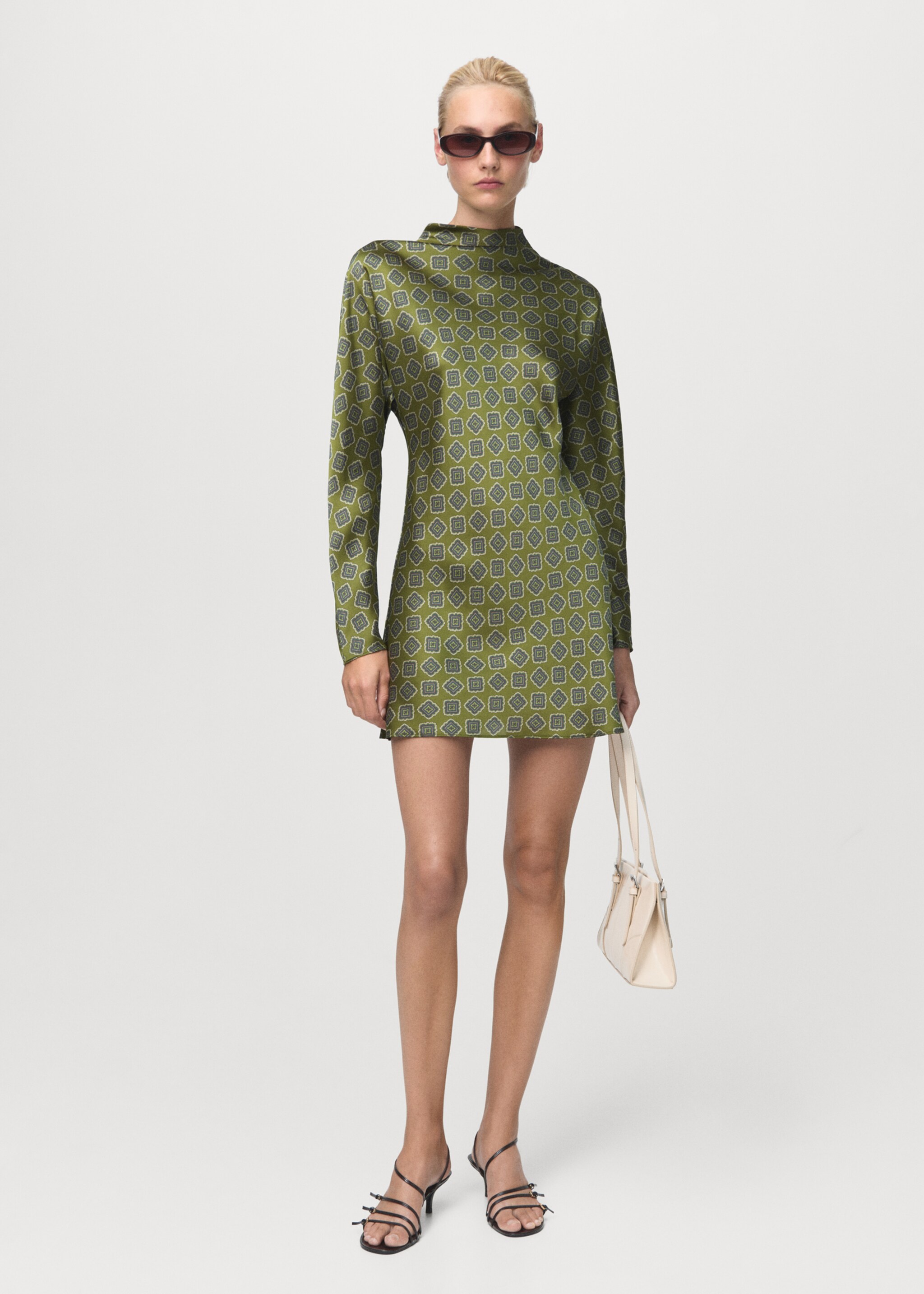 Printed satin dress with perkins collar - Γενικό πλάνο, Πράσινο. Ref: 17015832-00.