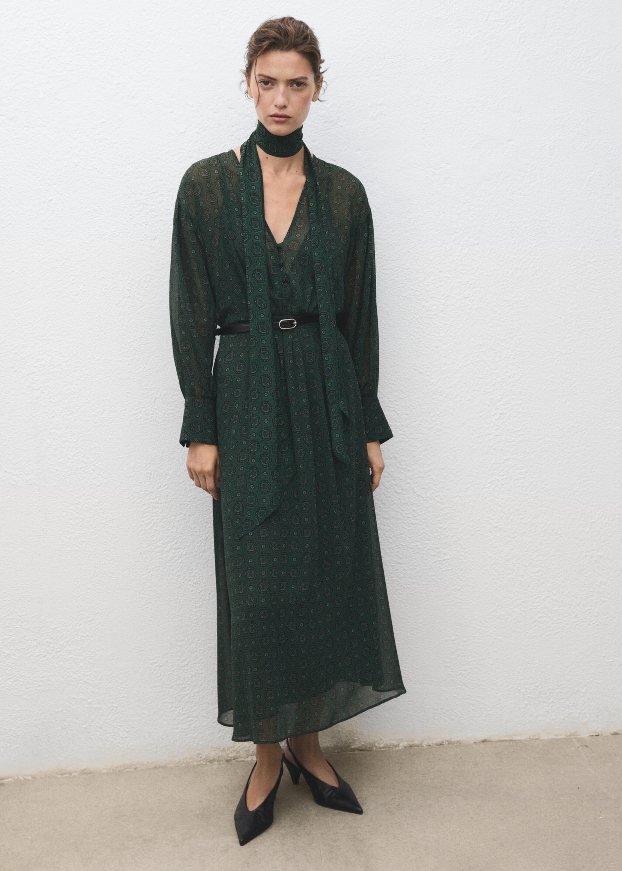 Printed dress with foulard - General plane, Green. Ref: 17015834-00.