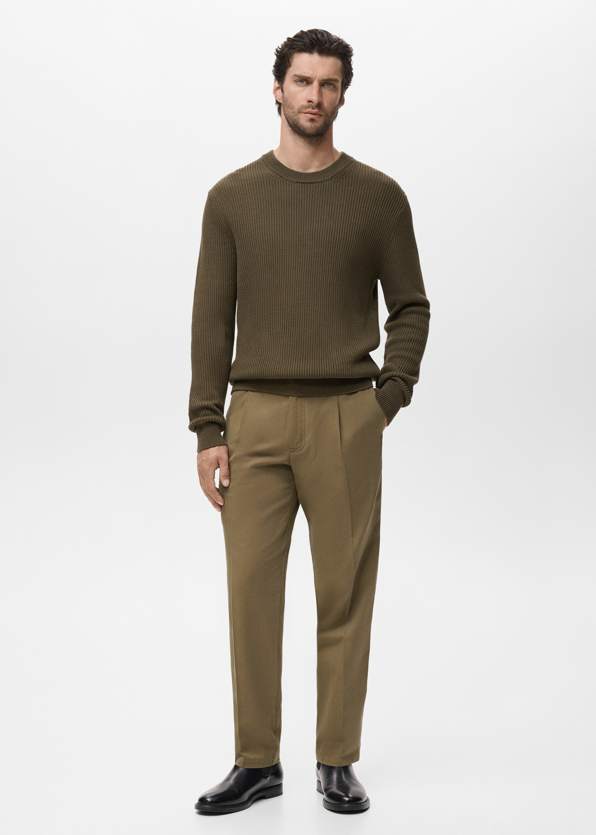 Fine rib-knit cotton sweater - General plane, Olive Green. Ref: 17015976-00.