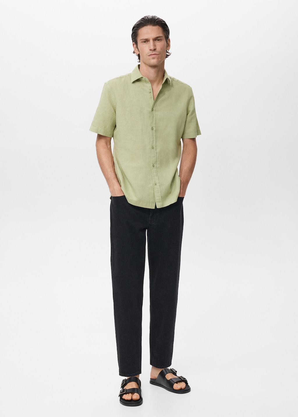 Short sleeve linen-blend shirt