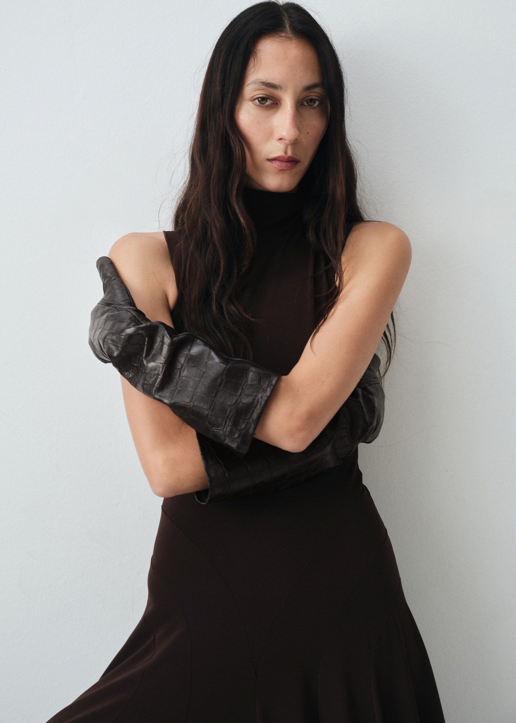 Long croc-effect leather gloves - General plane, Black. Ref: 17017773-00.