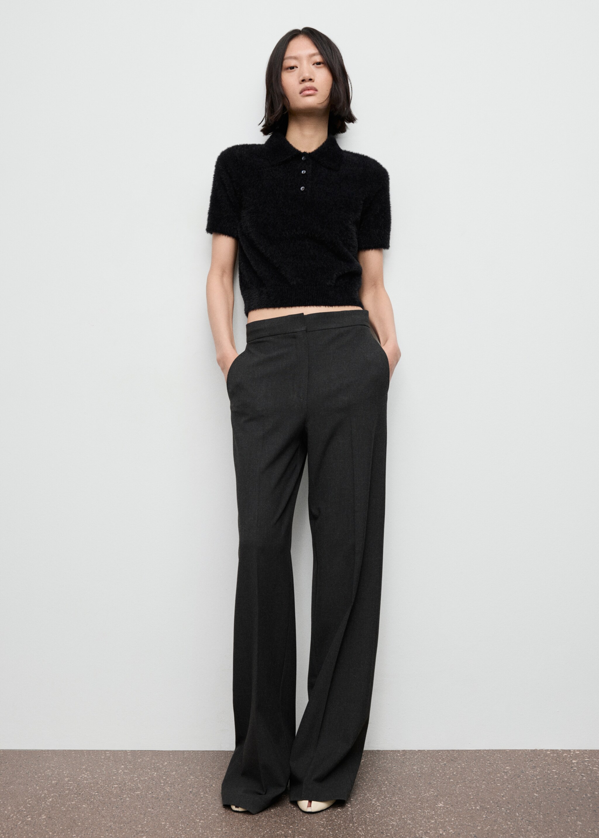 Jersey efecto pelo cuello polo - Plano general, Negro. Ref: 17017782-00.