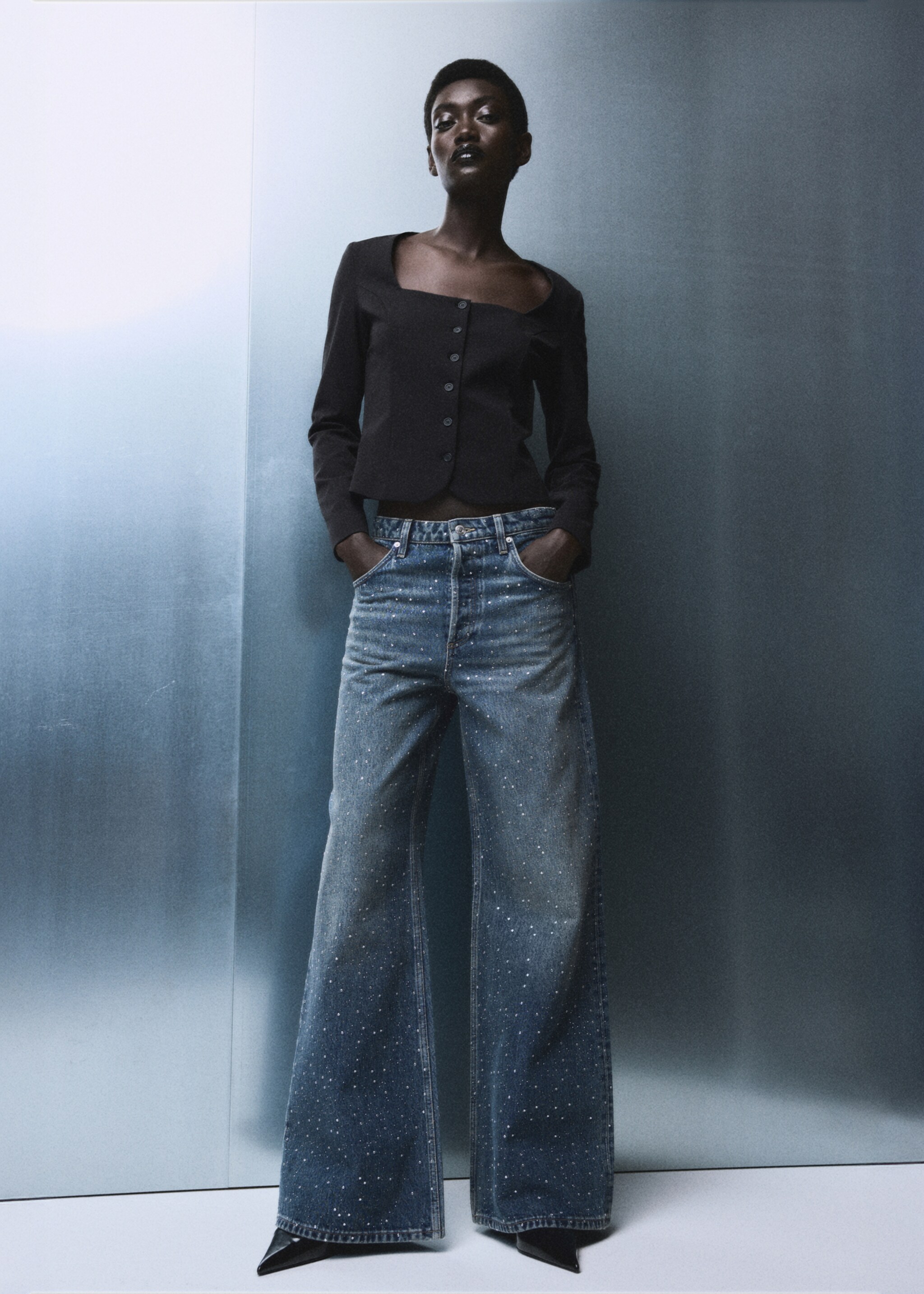 Wide leg jeans strass - General plane, Medium Blue. Ref: 17017822-00.