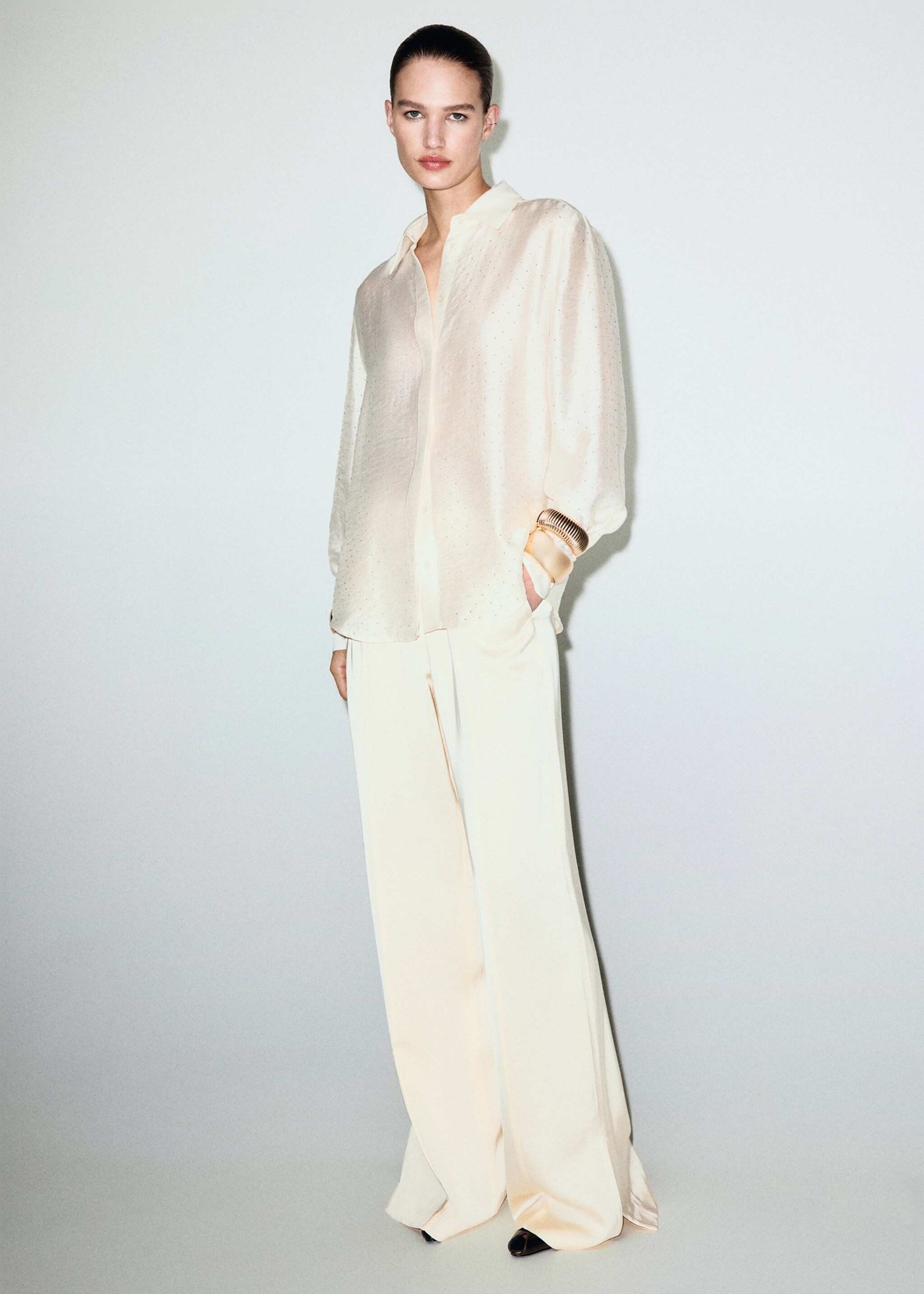 Satin shirt with rhinestones - General plane, Beige. Ref: 17019109-00.