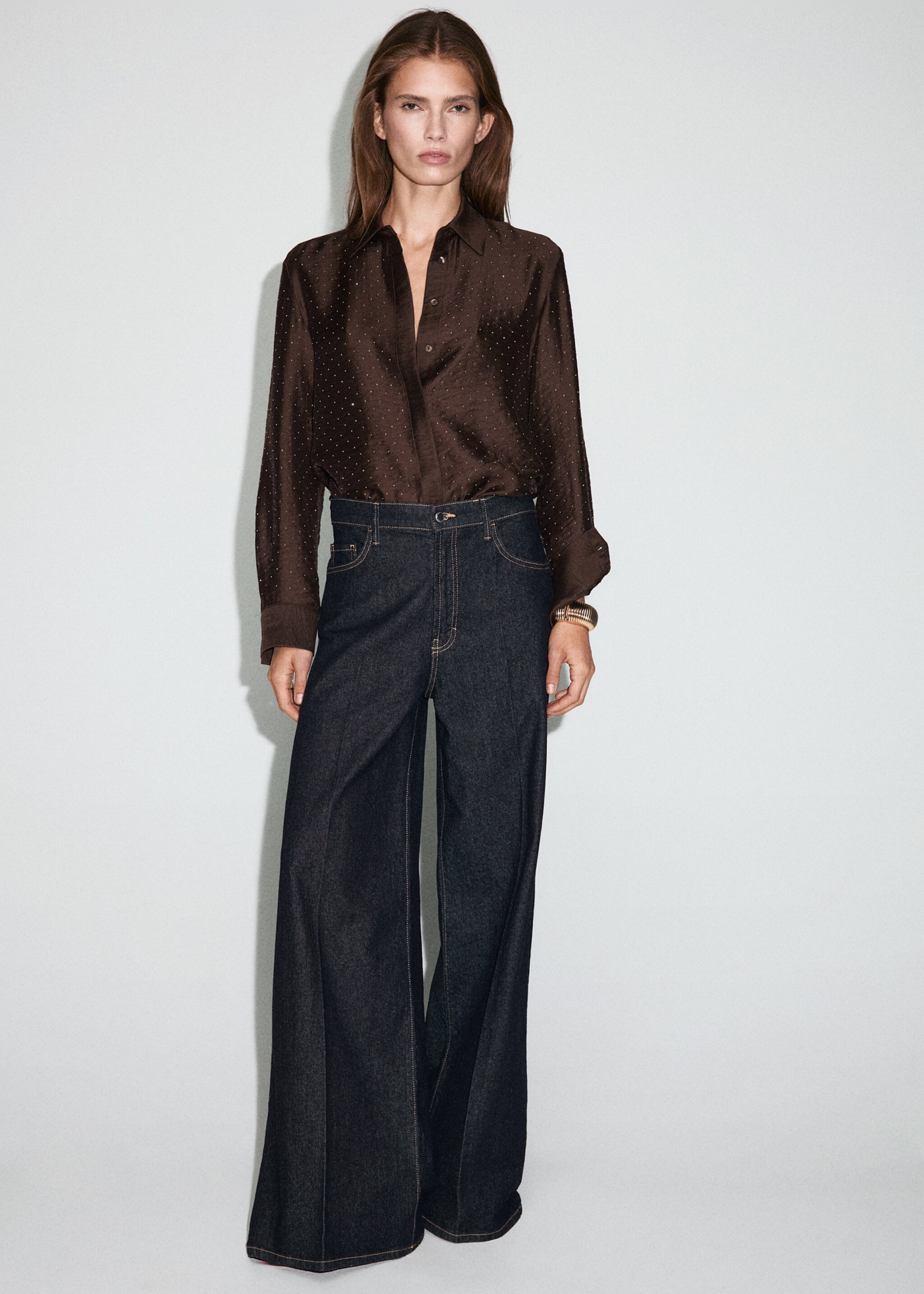 Satin shirt with rhinestones - General plane, Brown. Ref: 17019109-00.