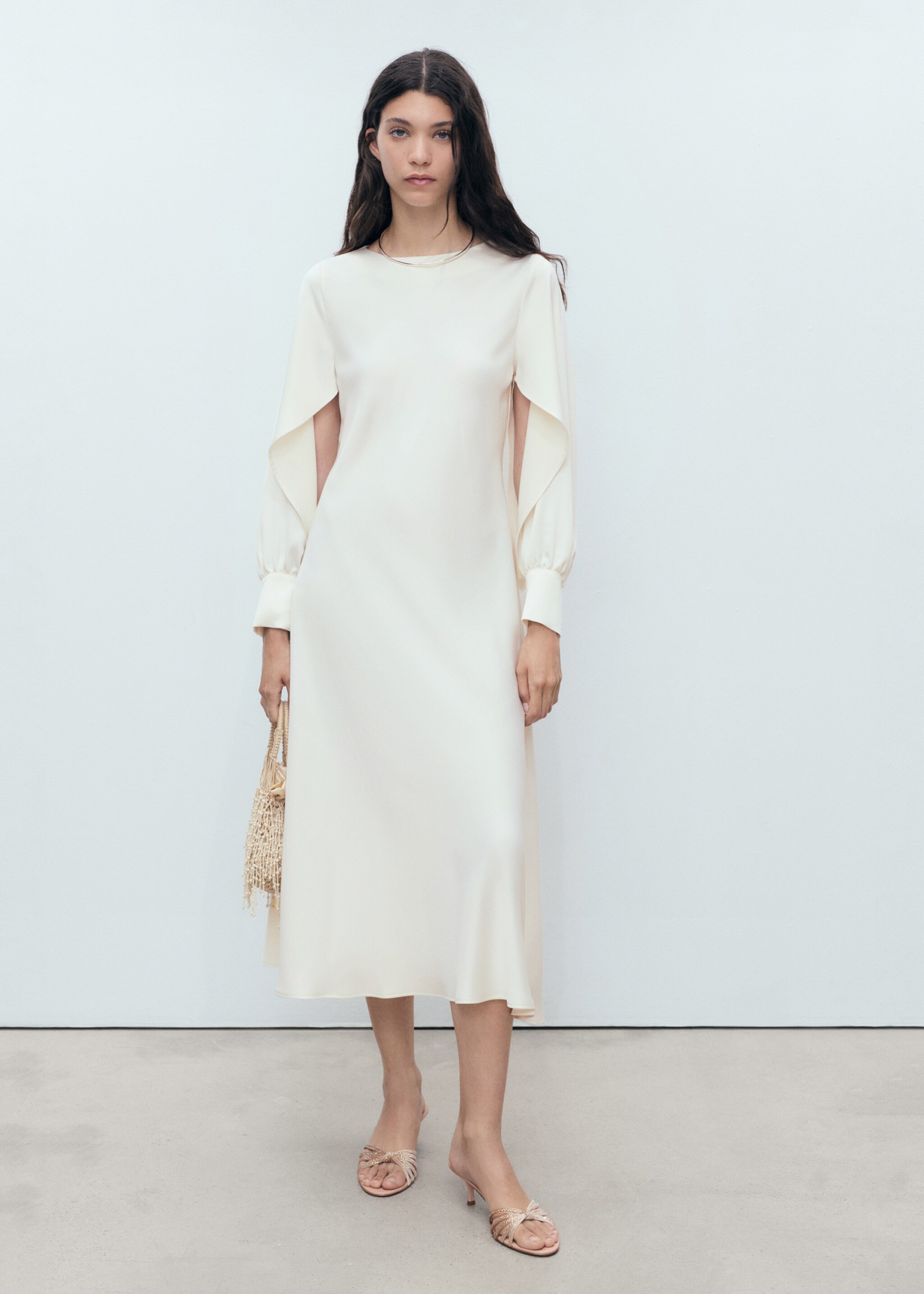 Satin dress with slit sleeves - General plane, Off White. Ref: 17021126-00.