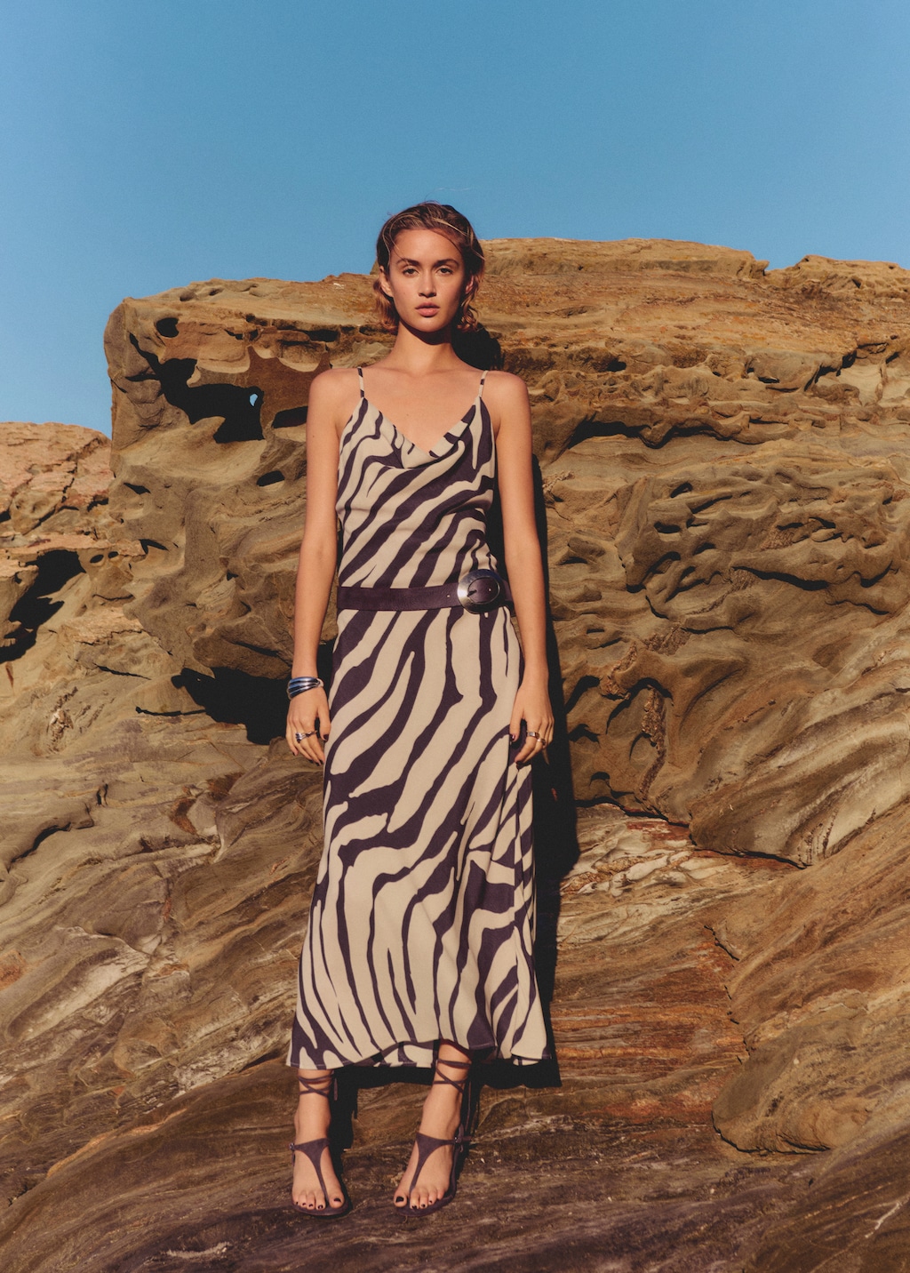 Zebra-print dress with draped neckline
