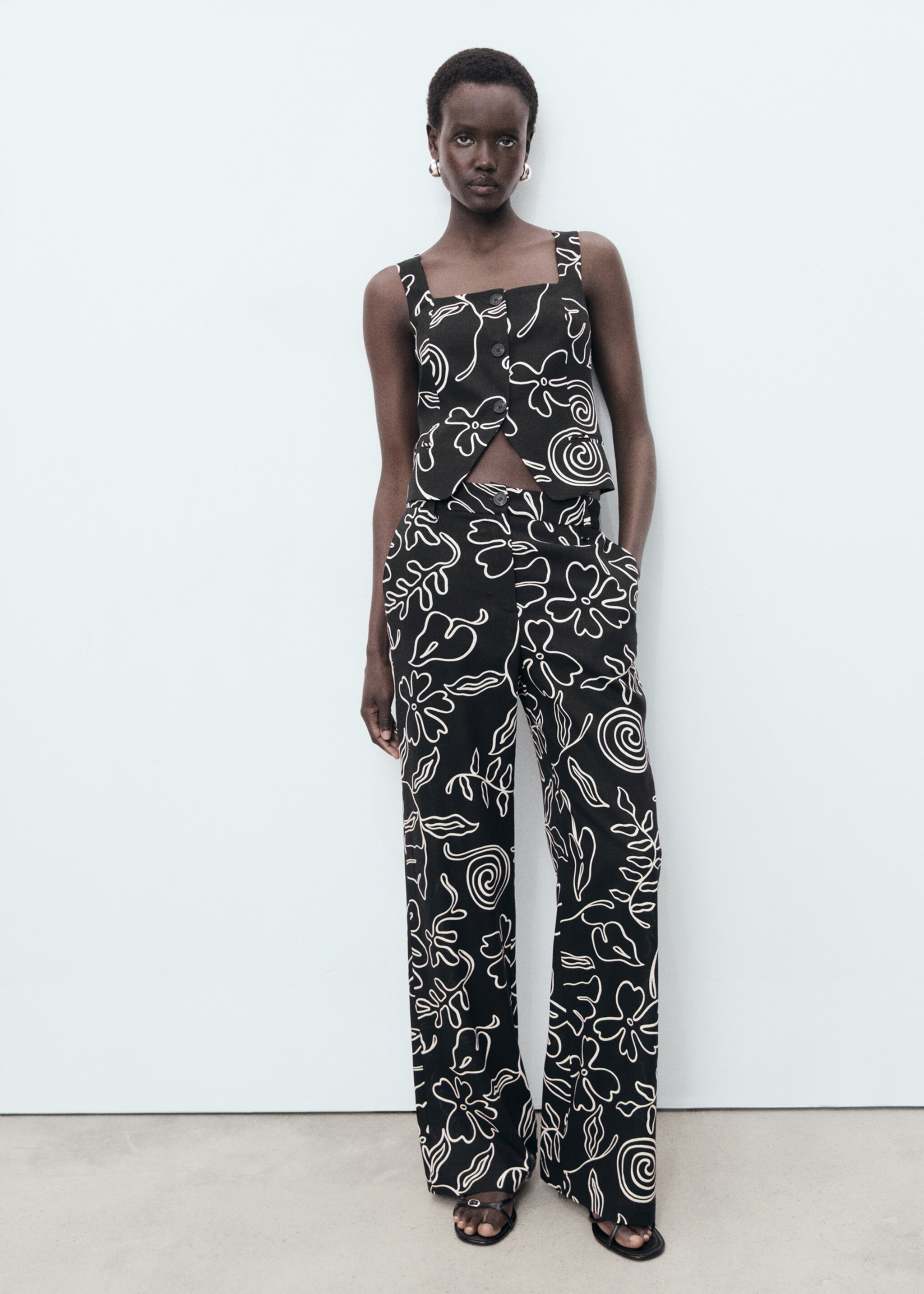 Floral-print linen-blend trousers - General plane