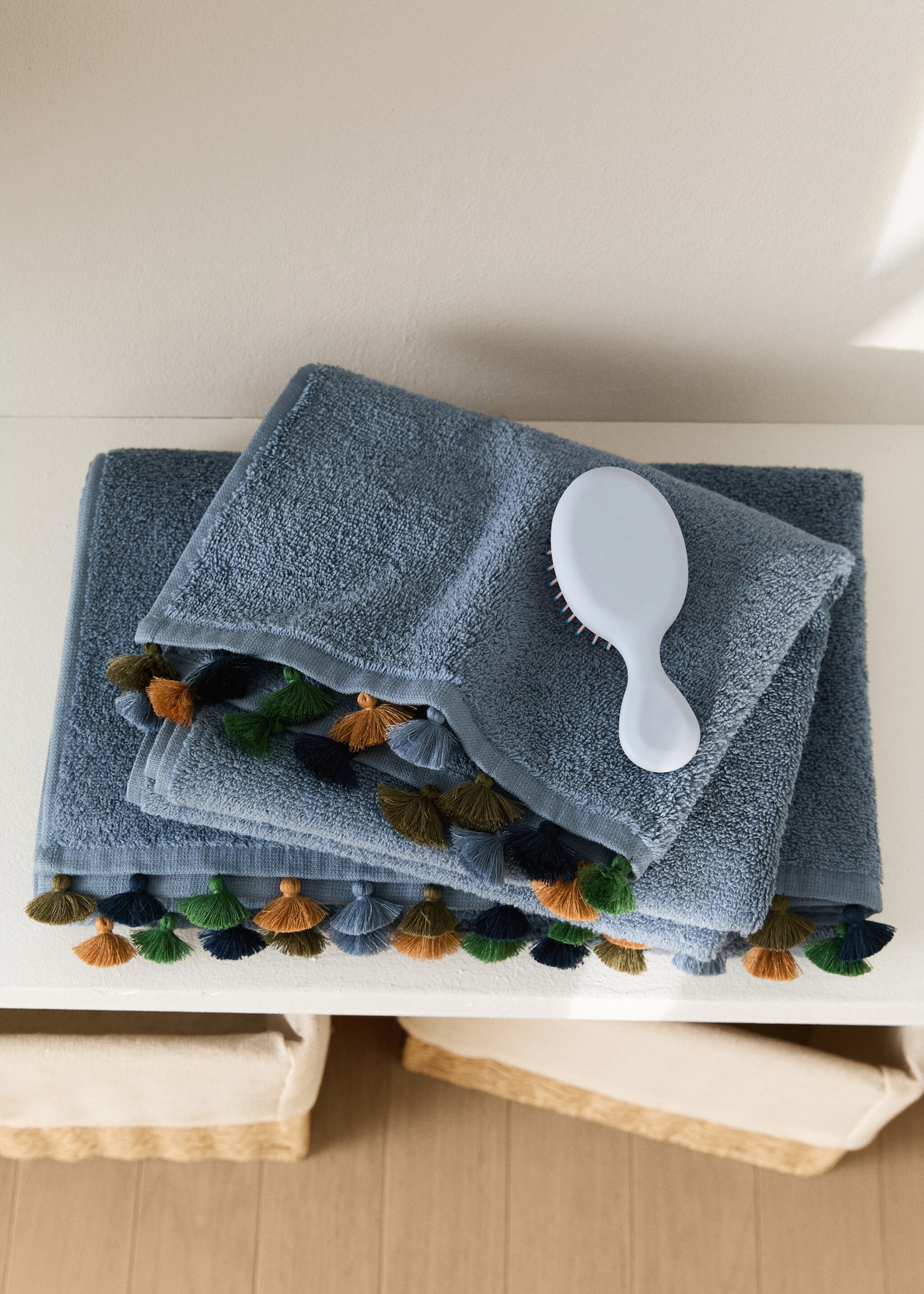 Cotton children's multi-coloured hand towel with pompoms - General plane, Ink Blue. Ref: 17021628-00.