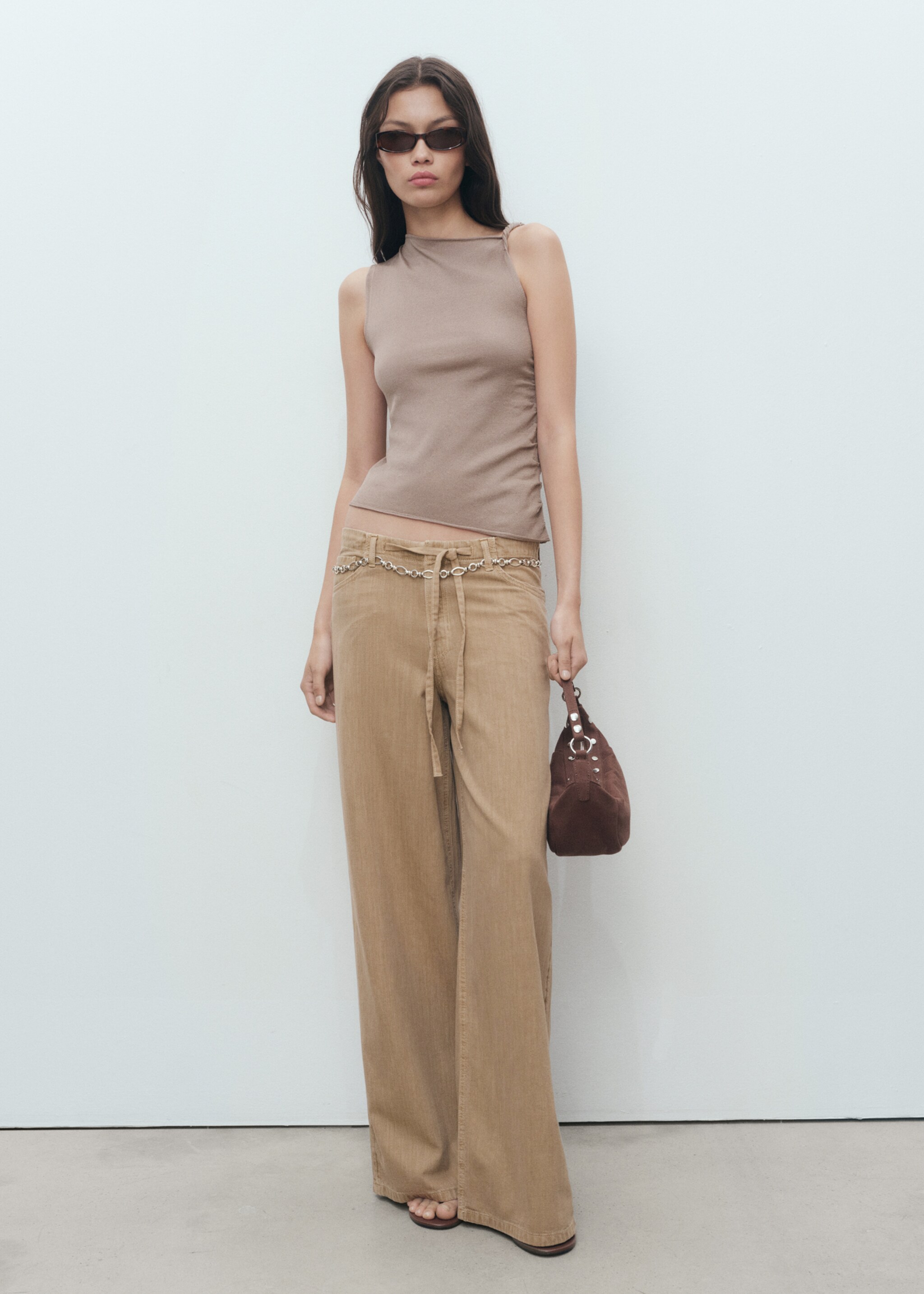 Wide-leg denim trousers with belt - General plane