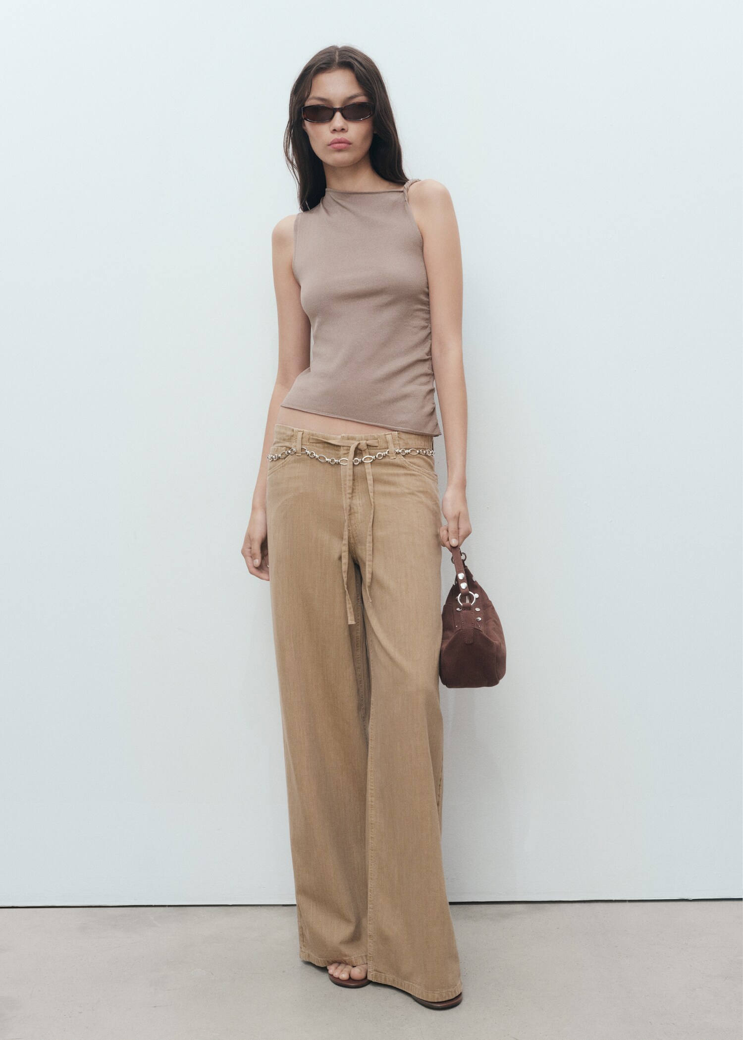 Wide-leg denim trousers with belt - General plane