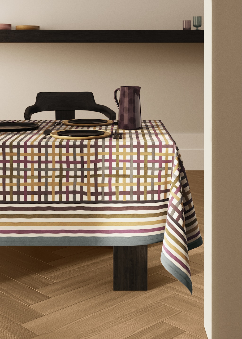 Multi-colored checked resin-coated tablecloth for 6 to 8 diners