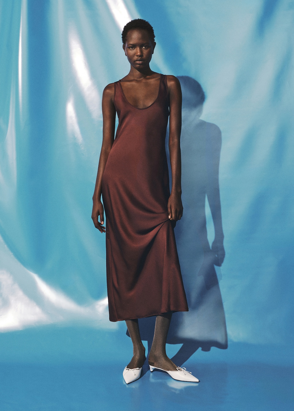 Satin dress with low-cut neckline