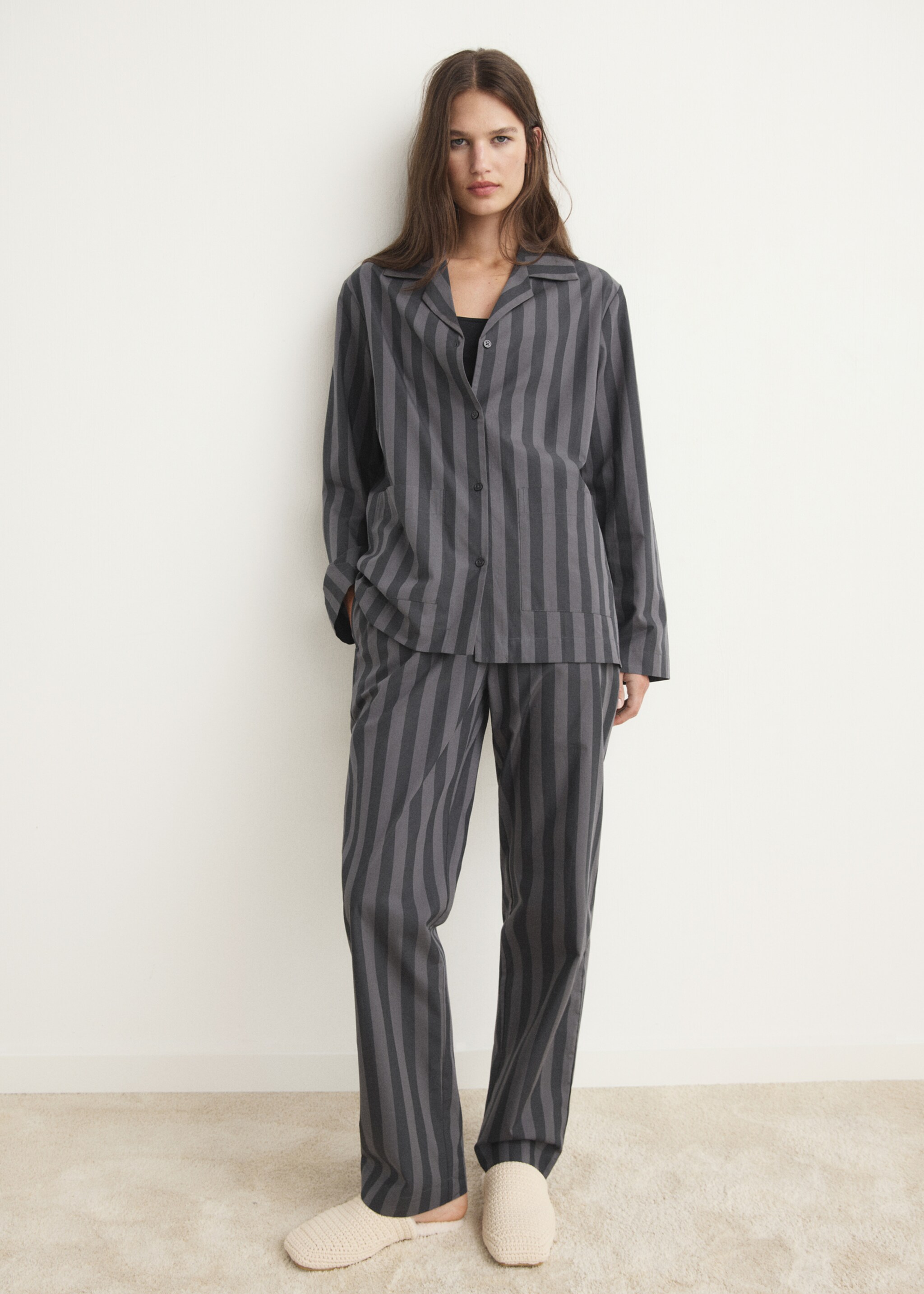 Woven striped pyjama top - General plane, Grey. Ref: 17024111-00.