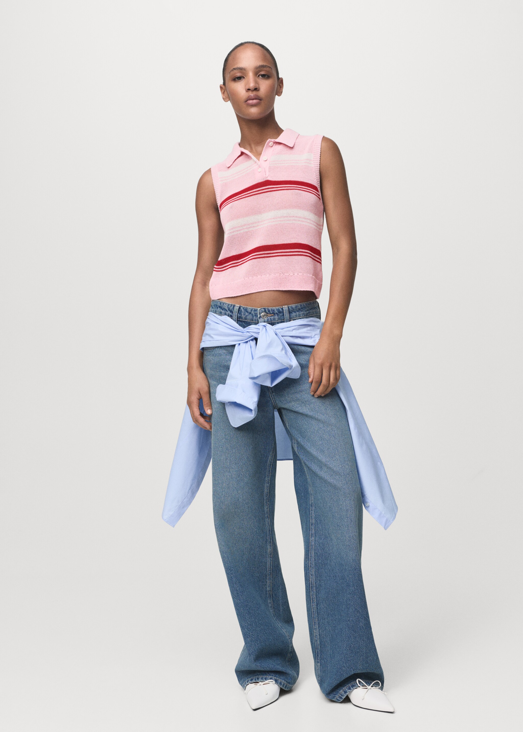 Striped knit top with polo neck - General plane, Pastel Pink. Ref: 17024142-00.