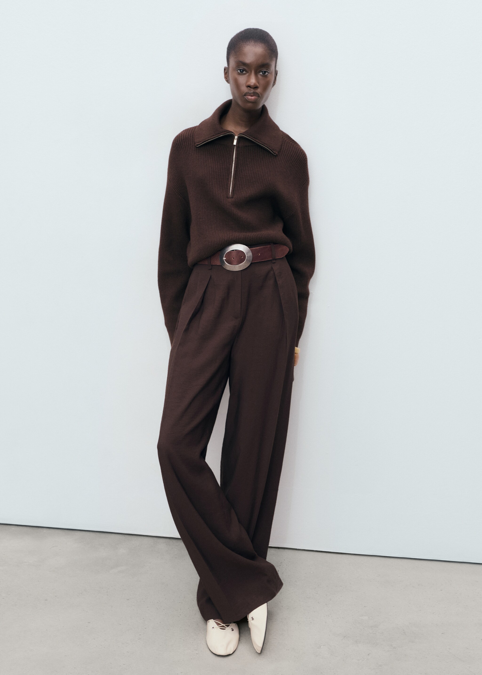Contrast collar zipper sweater - General plane, Chocolate. Ref: 17024781-00.
