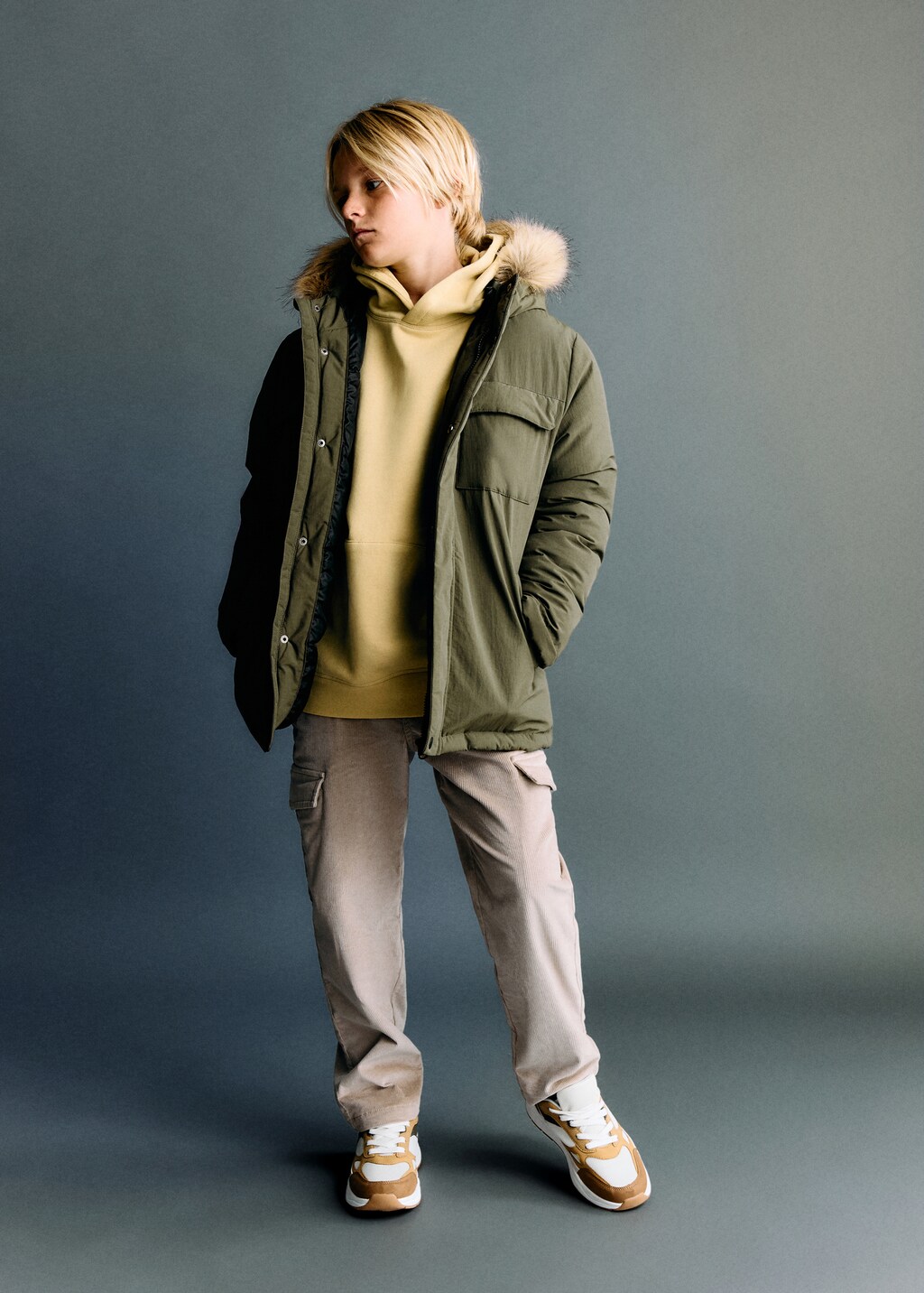 Anorak with shearling-effect hood