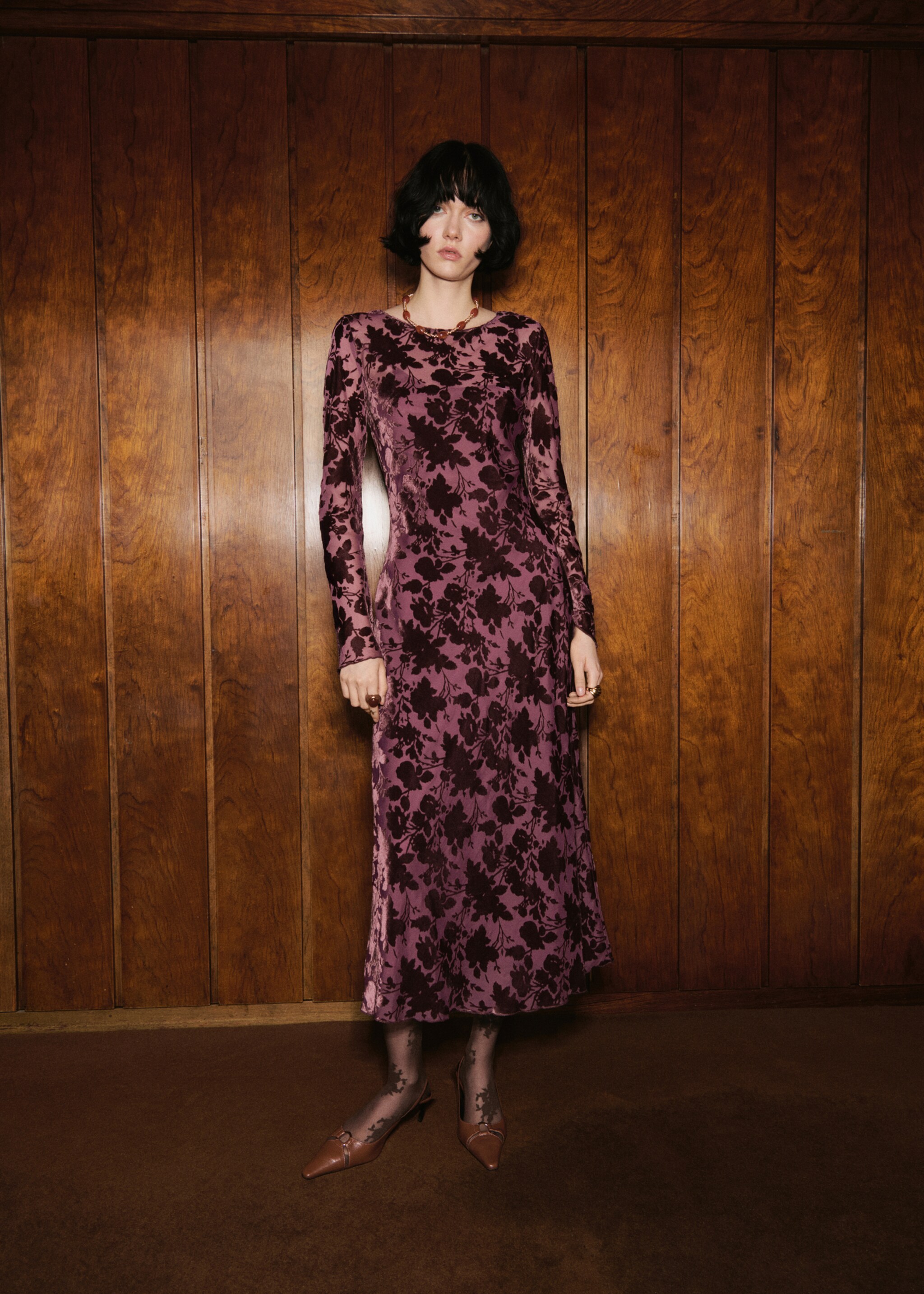 Floral jacquard dress with bell sleeves - General plane, Burgundy. Ref: 17025814-00.