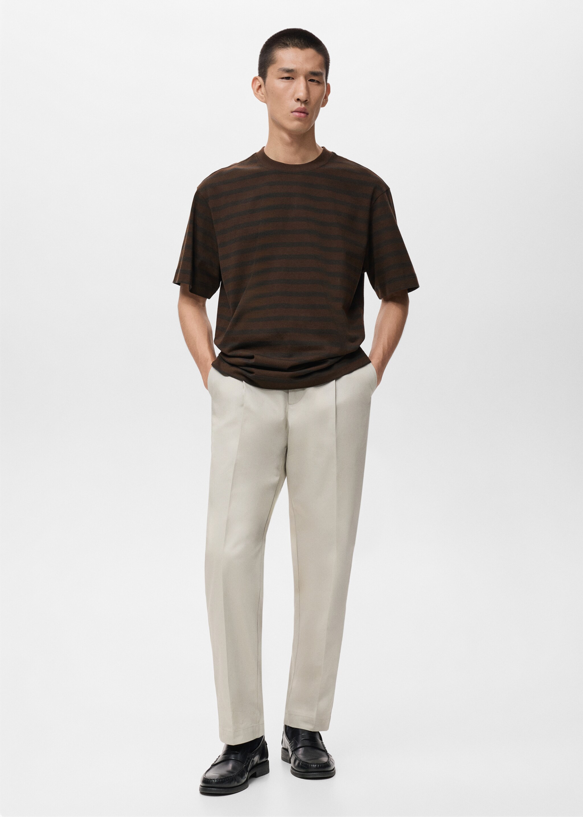 Gestreepte T-shirt 100% katoen relaxed fit - Overzichtstekening, Middenbruin. Ref: 17025980-00.