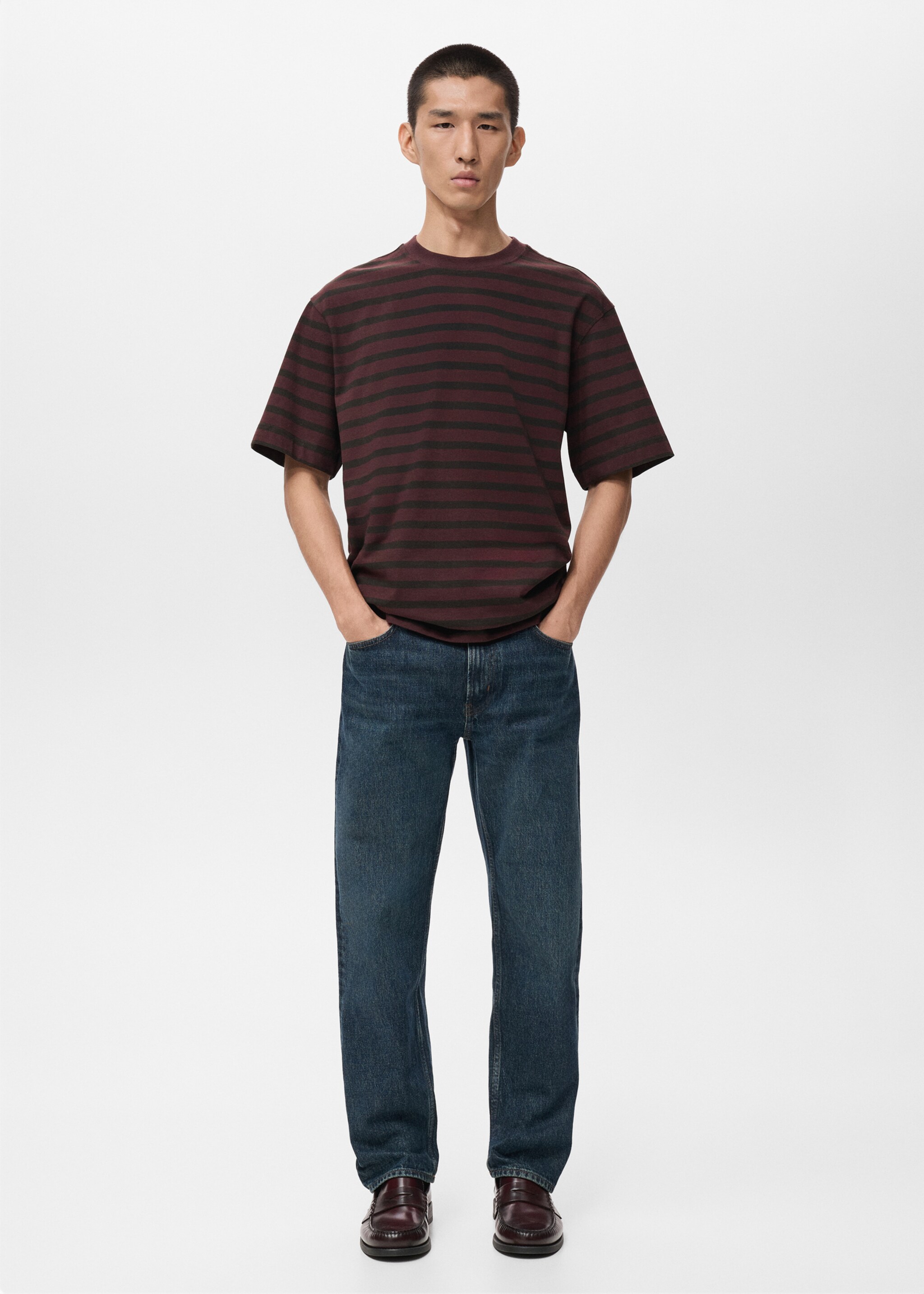 Gestreepte T-shirt 100% katoen relaxed fit - Overzichtstekening, Wijnrood. Ref: 17025980-00.
