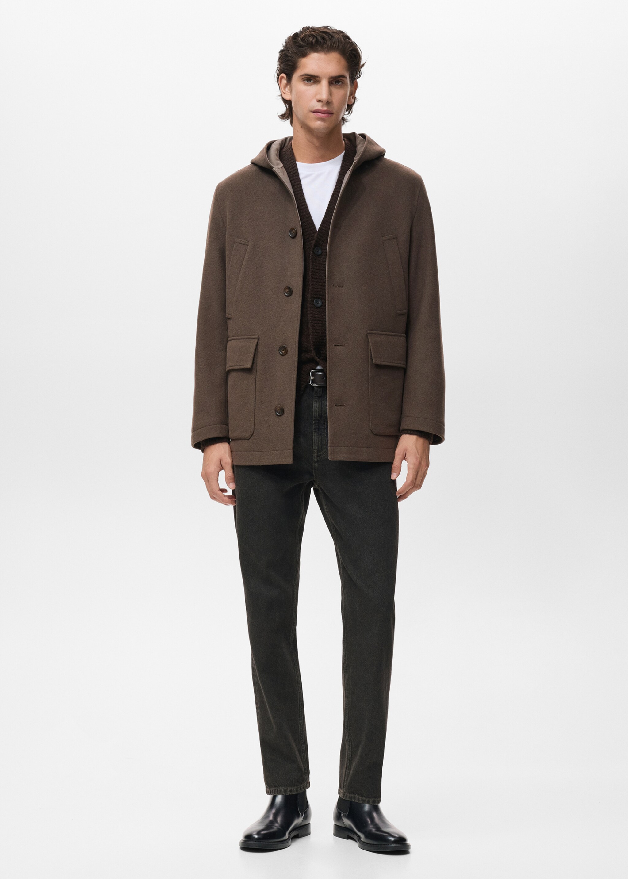 Hooded wool coat - General plane, Medium Brown. Ref: 17027891-00.