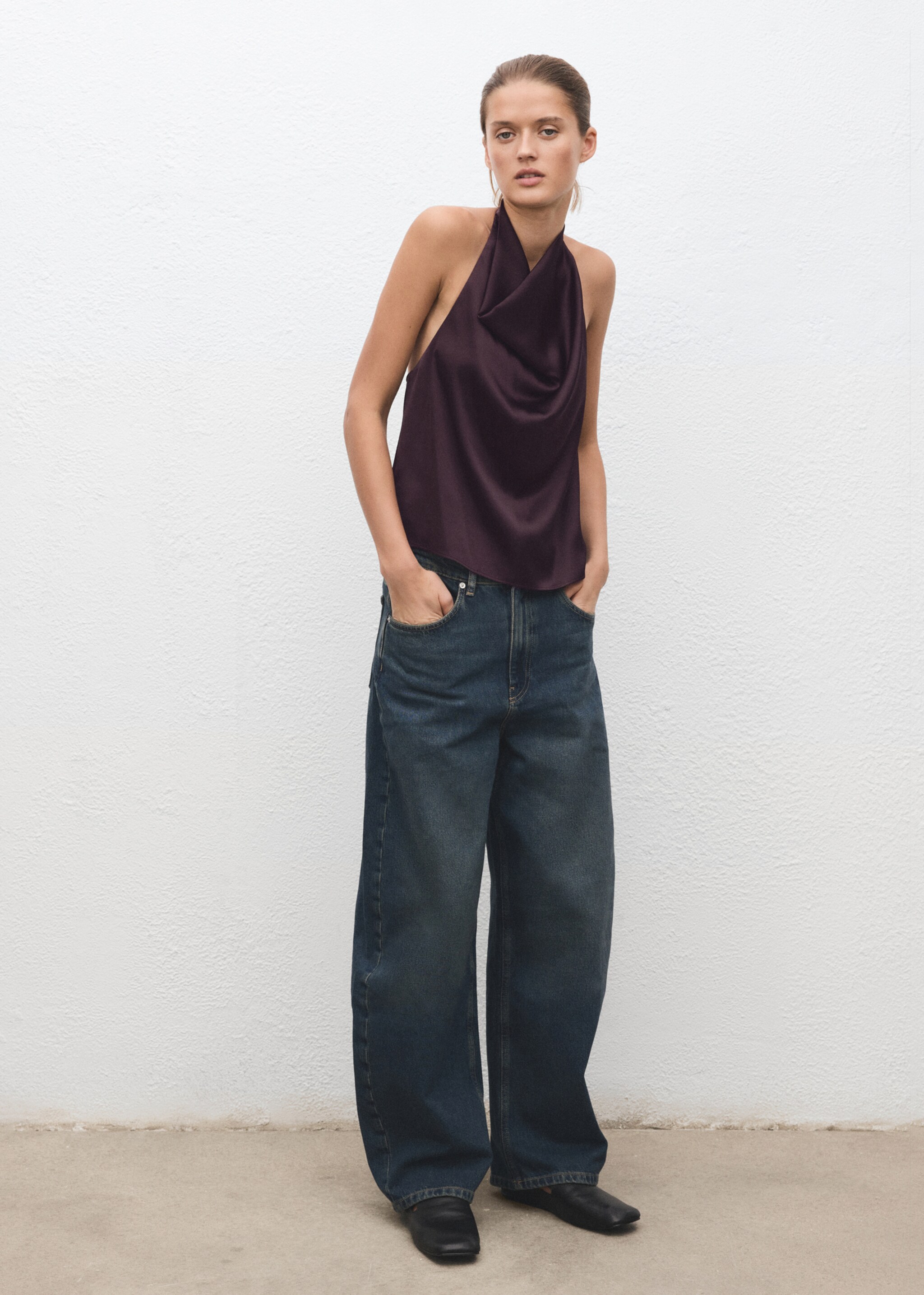 Draped neck satin top - General plane, Plum. Ref: 17029122-00.